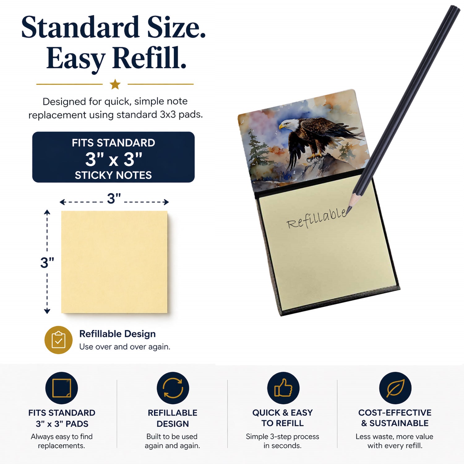 Bald Eagle Perched Rock Wildlife Watercolor Sticky Note Holder Refillable Dispenser Desk Accessory 3x3 Pad Gift