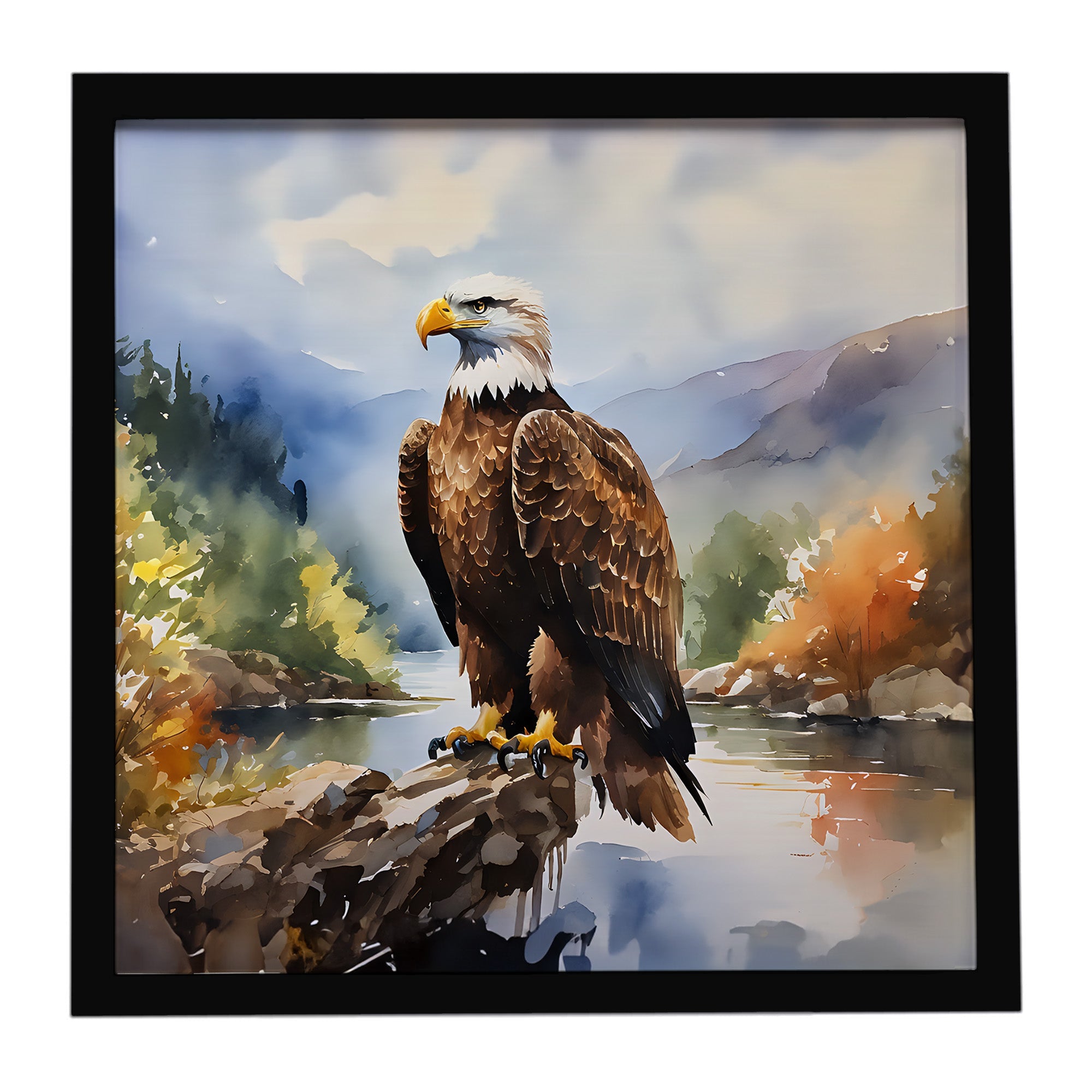 Bald Eagle Mountain Scene Framed Metal Print Bathroom, Kitchen, Office, Home Decor Wall Art Ready to Hang, Square, 8X8