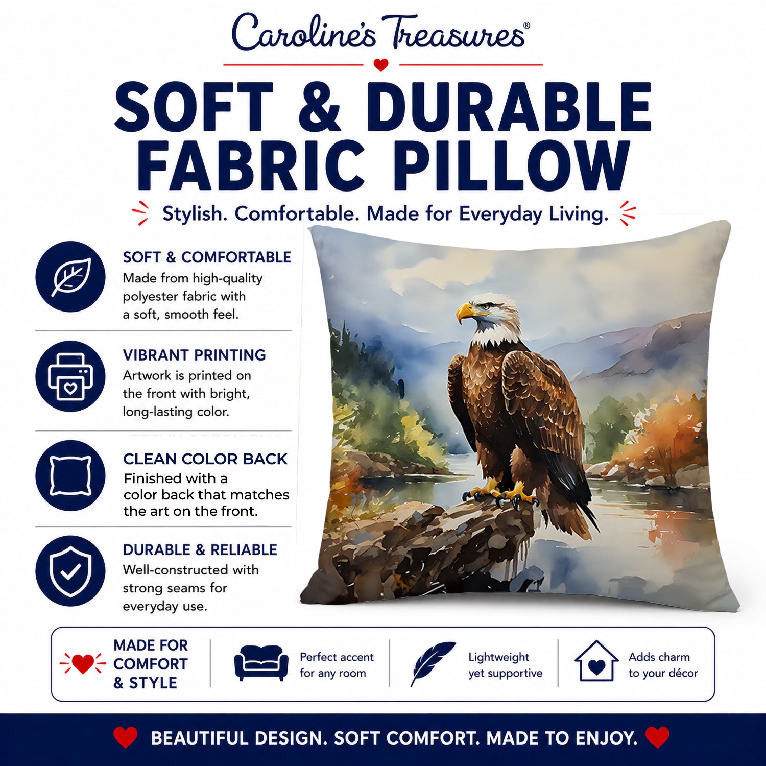 Bald Eagle Mountain Scene Decorative Throw Pillow 14x14 Indoor Outdoor Accent Cushion, Fabric Cover with Insert for Sofa, Bed, Porch & Living Room