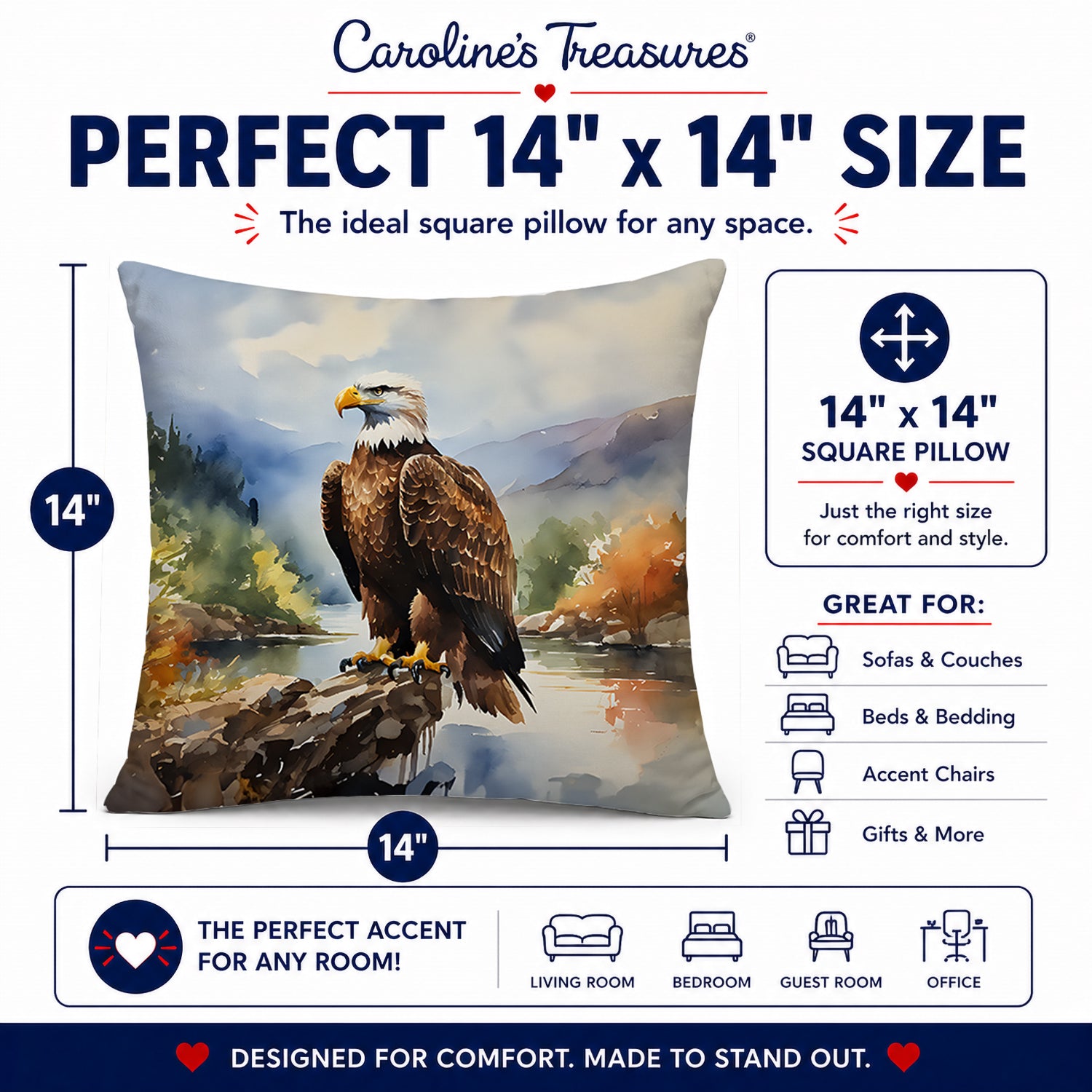 Bald Eagle Mountain Scene Decorative Throw Pillow 14x14 Indoor Outdoor Accent Cushion, Fabric Cover with Insert for Sofa, Bed, Porch & Living Room