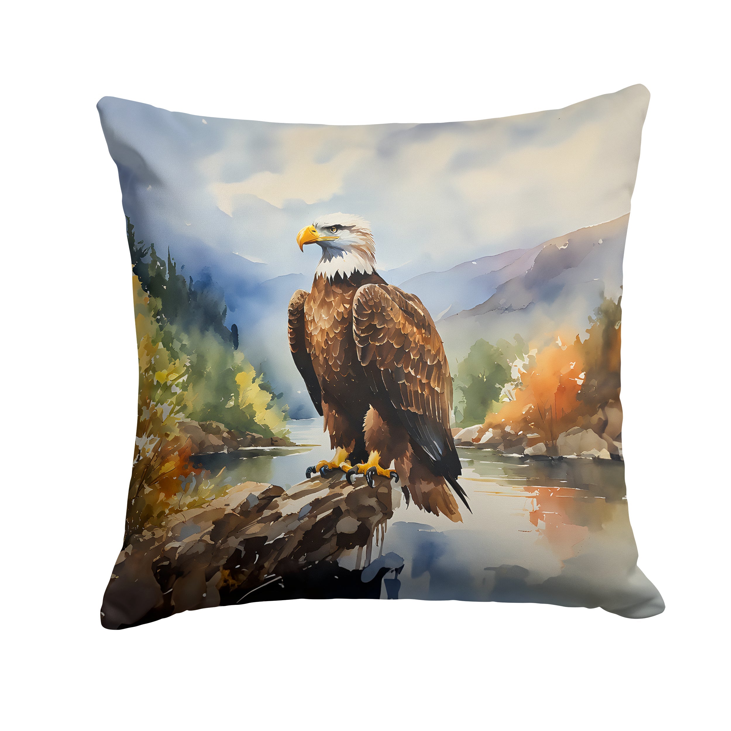 Bald Eagle Mountain Scene Decorative Throw Pillow 14x14 Indoor Outdoor Accent Cushion, Fabric Cover with Insert for Sofa, Bed, Porch & Living Room