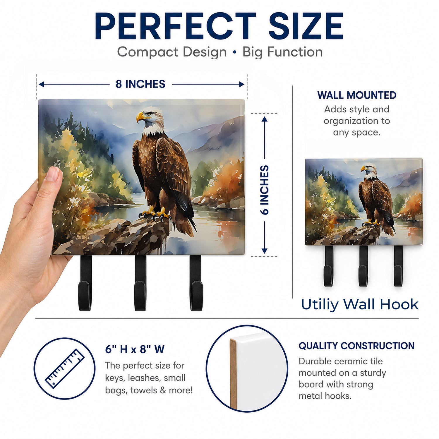 Bald Eagle Mountain Scene Leash or Key Holder Wall Hooks, Coat Rack Wall Mount, for Hanging Keys, Towels, Aprons, Leashes
