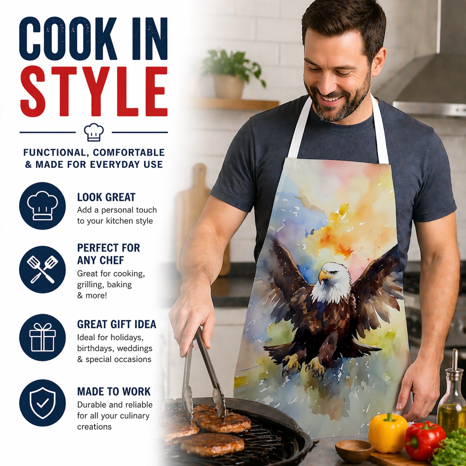 Bald Eagle Flying Wings Spread Apron Cooking Kitchen Server Baking Crafts Gardening for Adult Women Men, Unisex, Large, Multicolor
