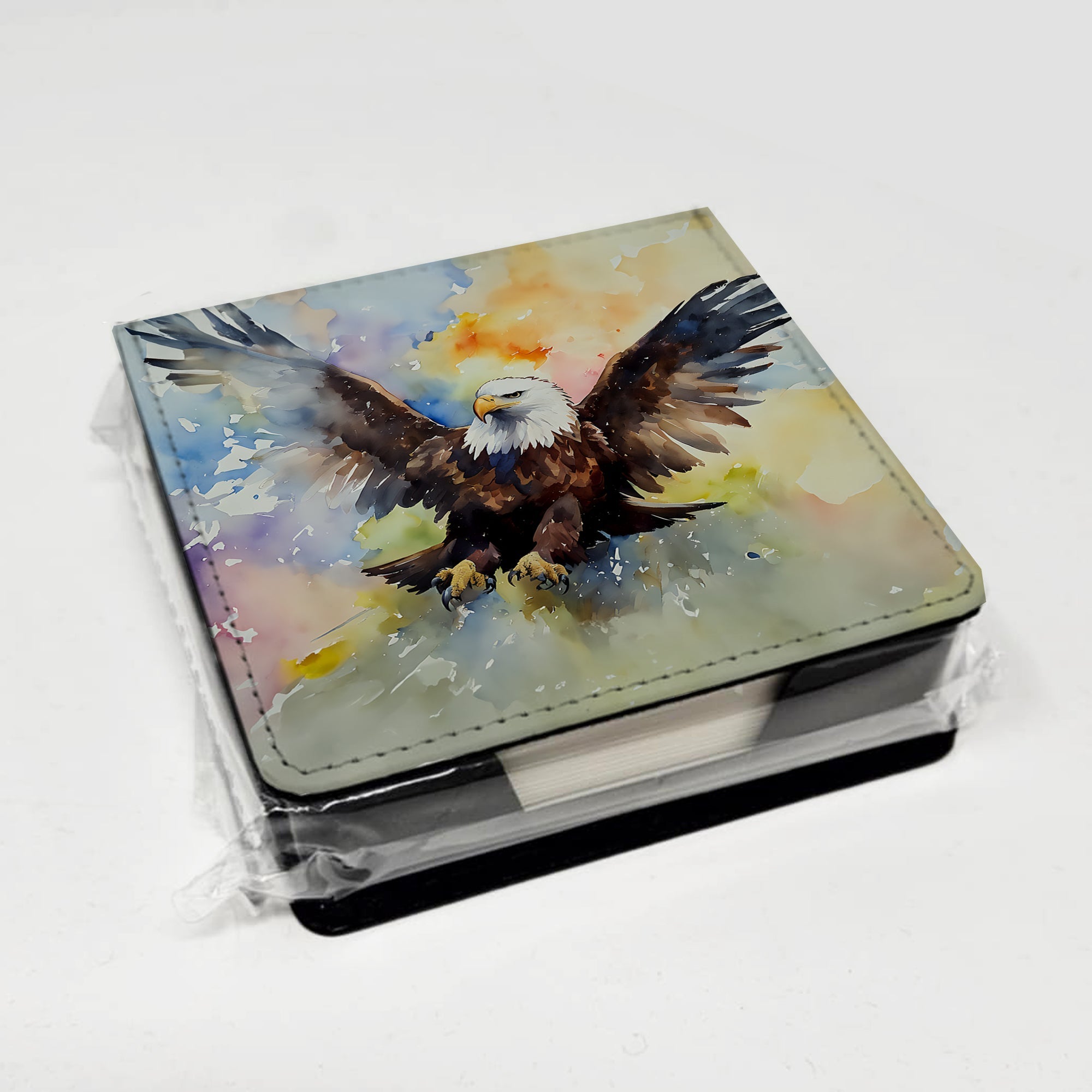 Bald Eagle Flying Wings Spread PU Leather Note Paper Holder with Artist-Designed Cover, Desk Accessory, Office Gift