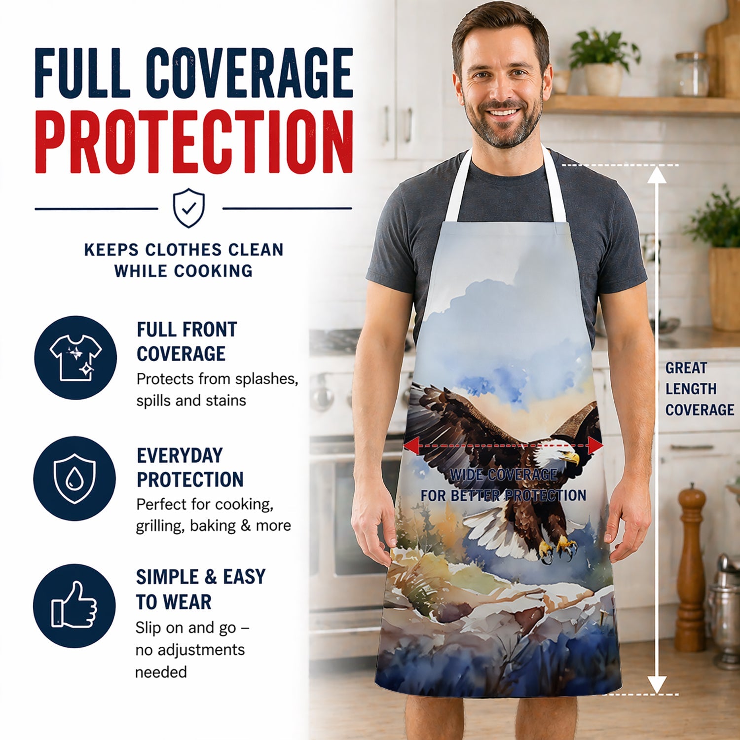 Bald Eagle Landing Wings Spread Apron Cooking Kitchen Server Baking Crafts Gardening for Adult Women Men, Unisex, Large, Multicolor