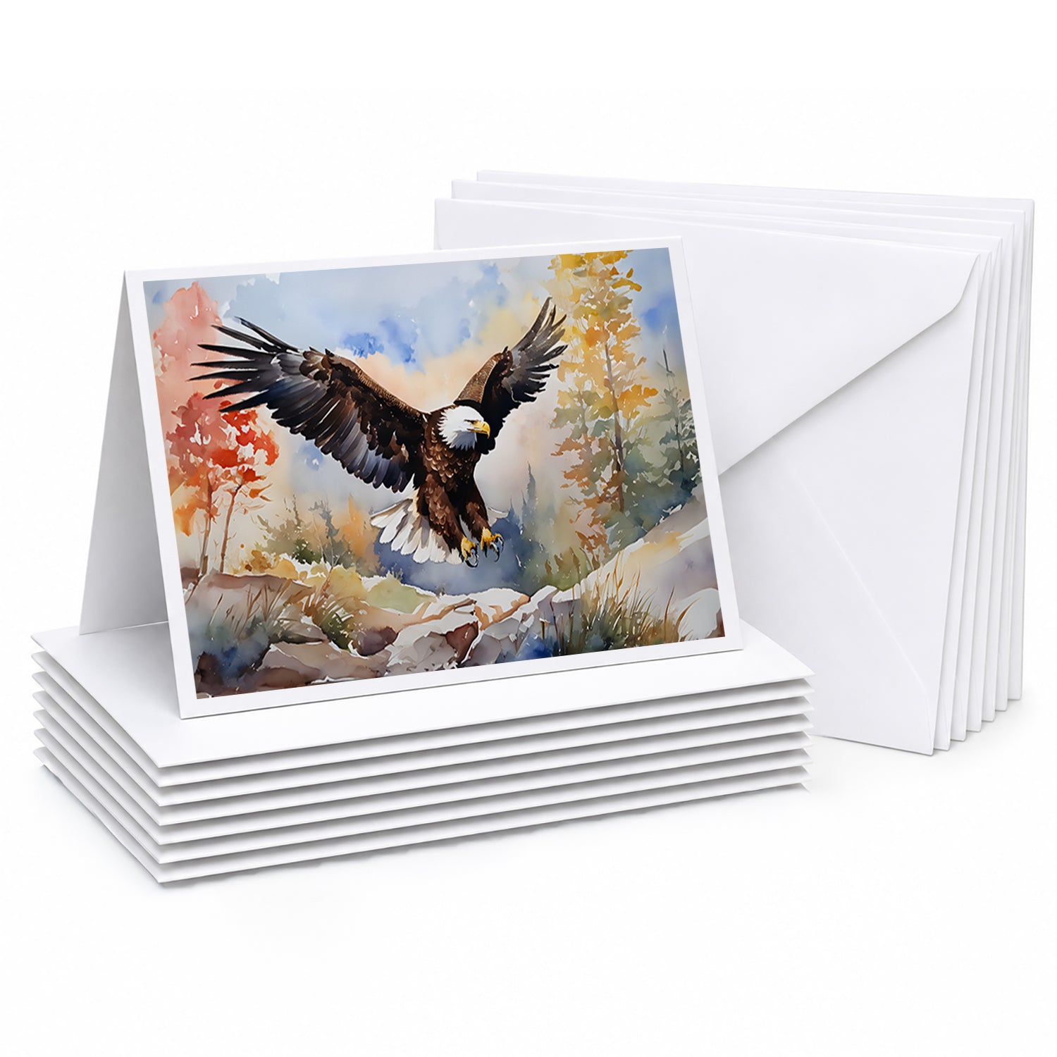 Bald Eagle Landing Wings Spread Greeting Cards Pack of 8 Blank Cards with Envelopes Whimsical A7 Size 5x7