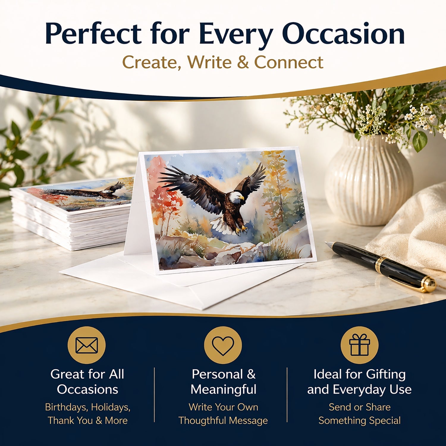 Bald Eagle Landing Wings Spread Greeting Cards Pack of 8 Blank Cards with Envelopes Whimsical A7 Size 5x7