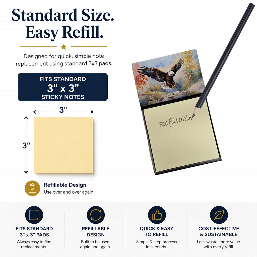 Bald Eagle Landing Wings Spread Watercolor Sticky Note Holder Refillable Dispenser Desk Accessory 3x3 Pad Gift