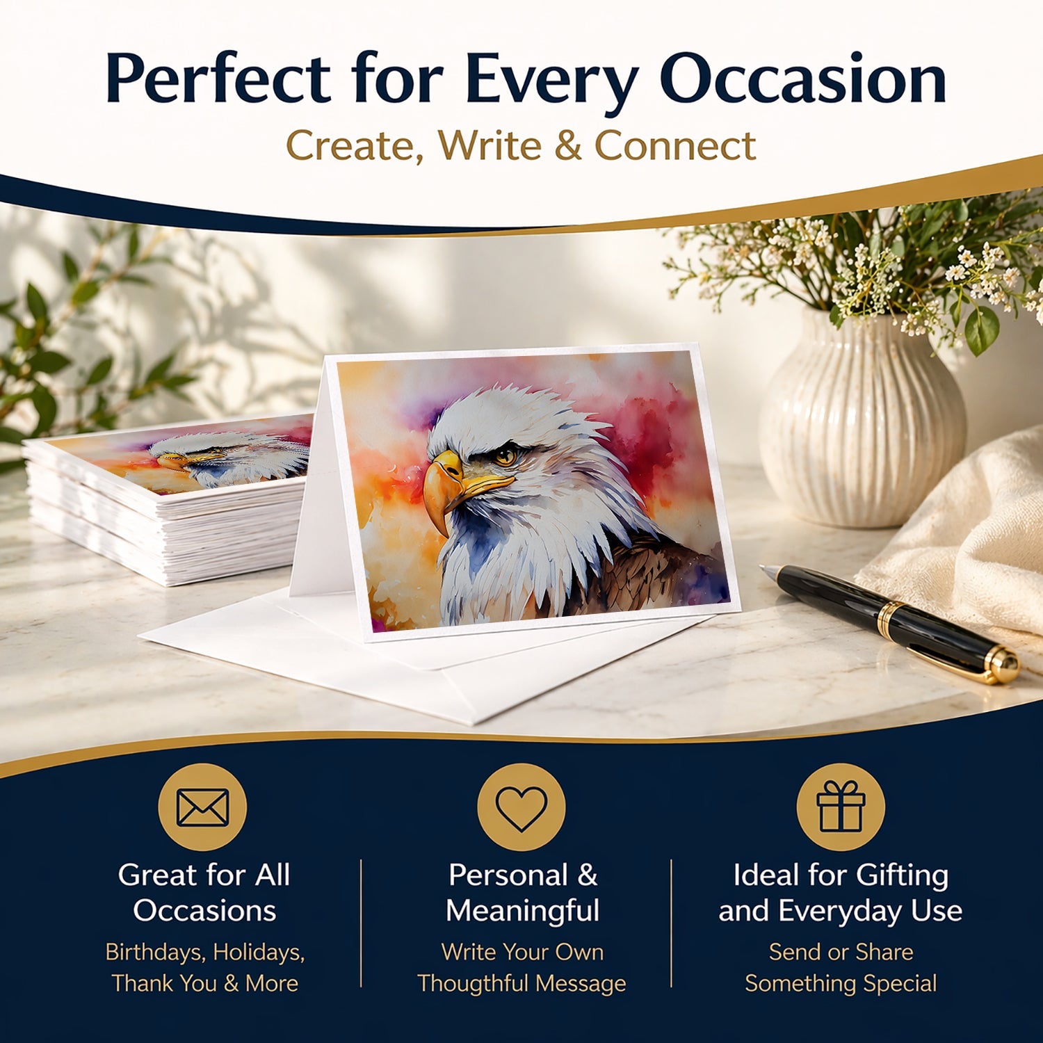 Bald Eagle Portrait Side View Greeting Cards Pack of 8 Blank Cards with Envelopes Whimsical A7 Size 5x7