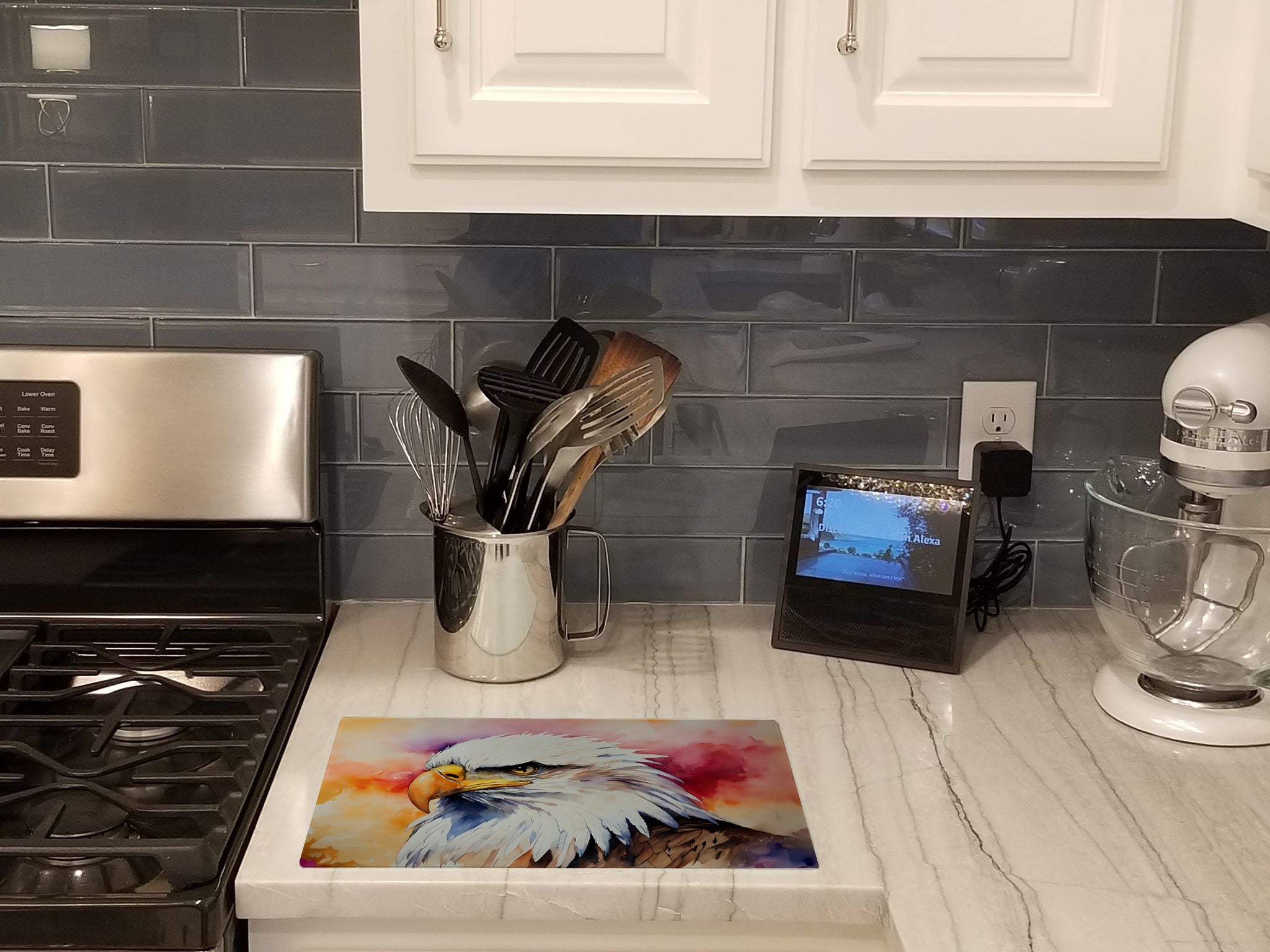 Bald Eagle Portrait Side View Cutting Board Tempered Glass Kitchen Cutting Surface, Heat Resistant Chopping, Non-Slip Feet, Food Prep & Serving