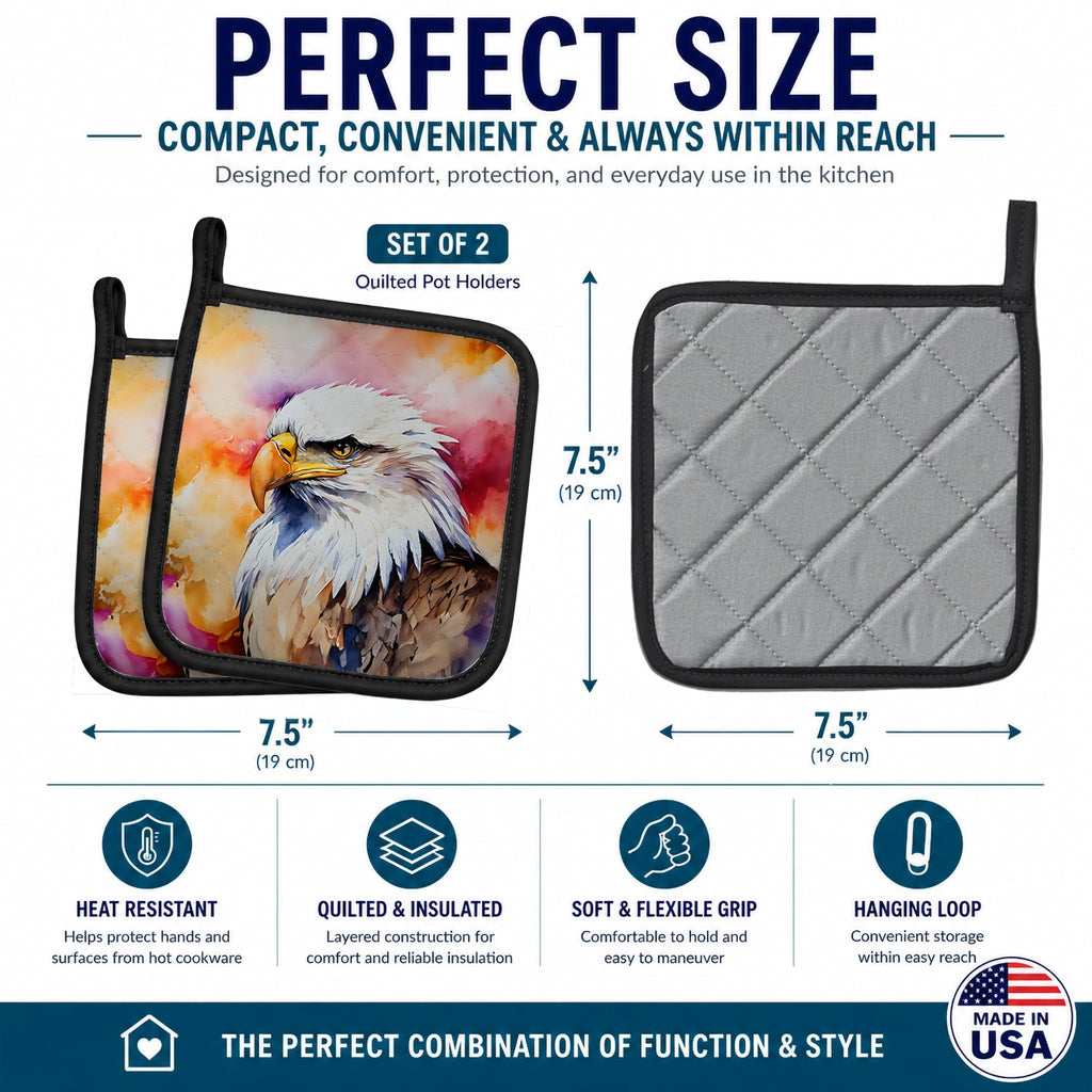 Bald Eagle Portrait Side View Pot Holder Set of 2 Heat Resistant Quilted Hot Pads 7.5 x 7.5 Inch, Insulated Kitchen Trivets for Cooking & Baking