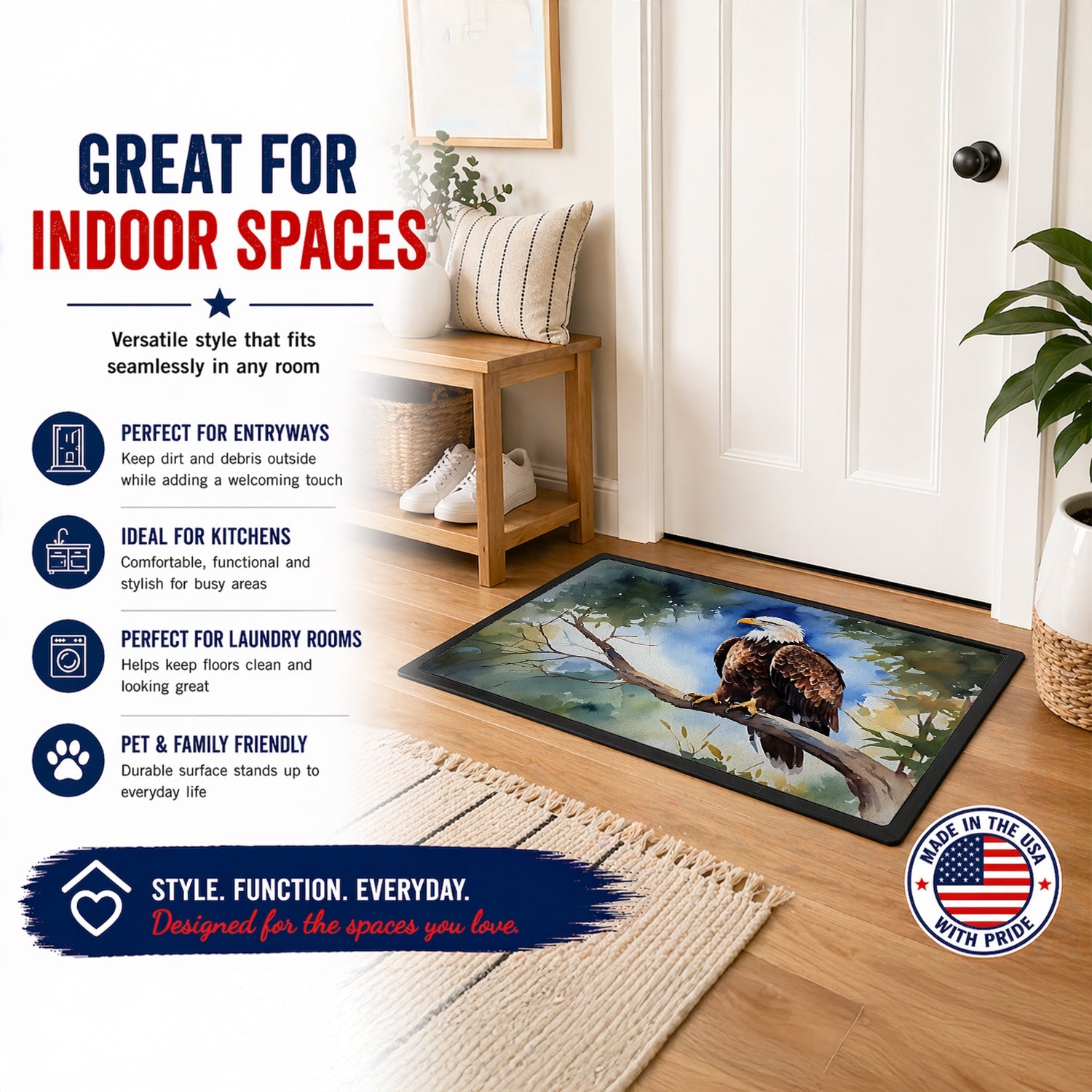 Bald Eagle Perched Tree Branch Doormat Indoor Outdoor 18H X 27W Front Door Mat Rugs for Entryway, Non Slip Washable