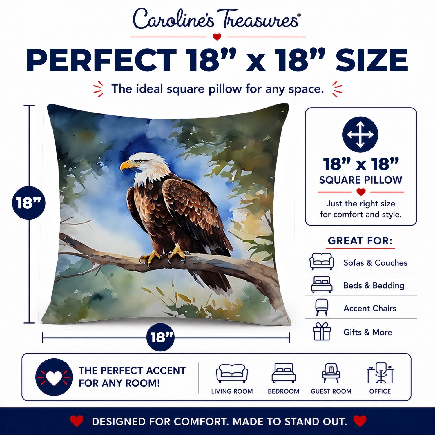 Bald Eagle Perched Tree Branch Decorative Throw Pillow 18x18 Indoor Outdoor Accent Cushion, Fabric Cover with Insert for Sofa, Bed, Porch & Living Room