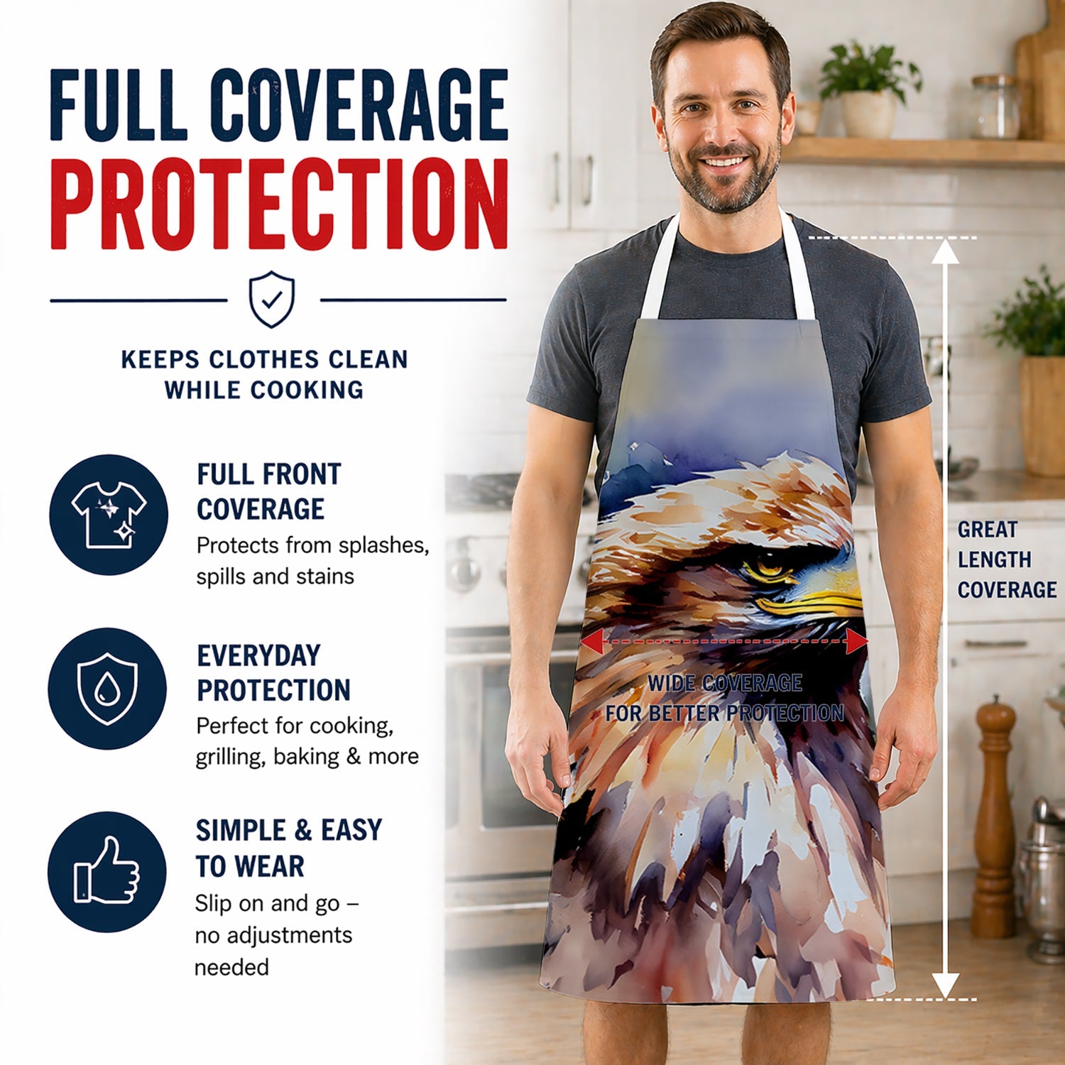 Bald Eagle Portrait Close Detail Apron Cooking Kitchen Server Baking Crafts Gardening for Adult Women Men, Unisex, Large, Multicolor