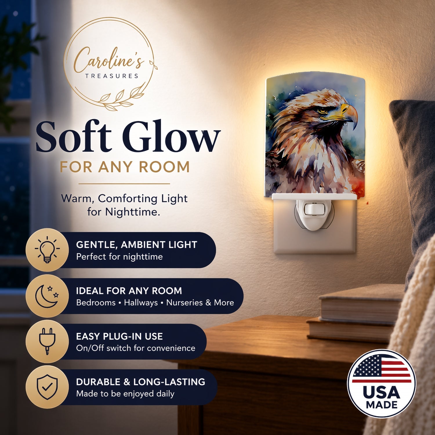 Bald Eagle Portrait Close Detail Ceramic Night Light Compact, UL-Certified, Ideal for Bedroom, Bathroom, Nursery, Hallway, Kitchen, 6x4x3, Multicolor