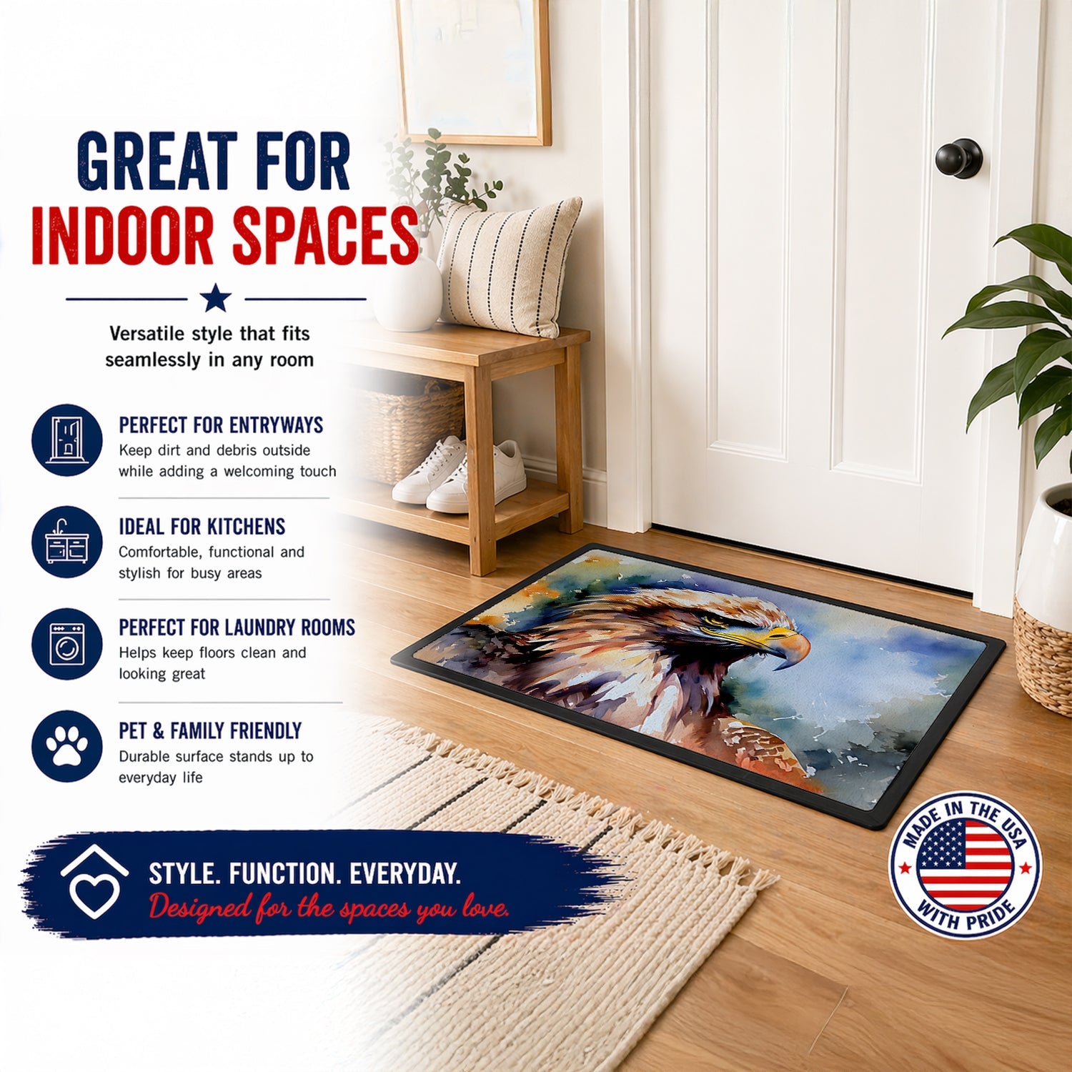Bald Eagle Portrait Close Detail Doormat Indoor Outdoor 18H X 27W Front Door Mat Rugs for Entryway, Non Slip Washable