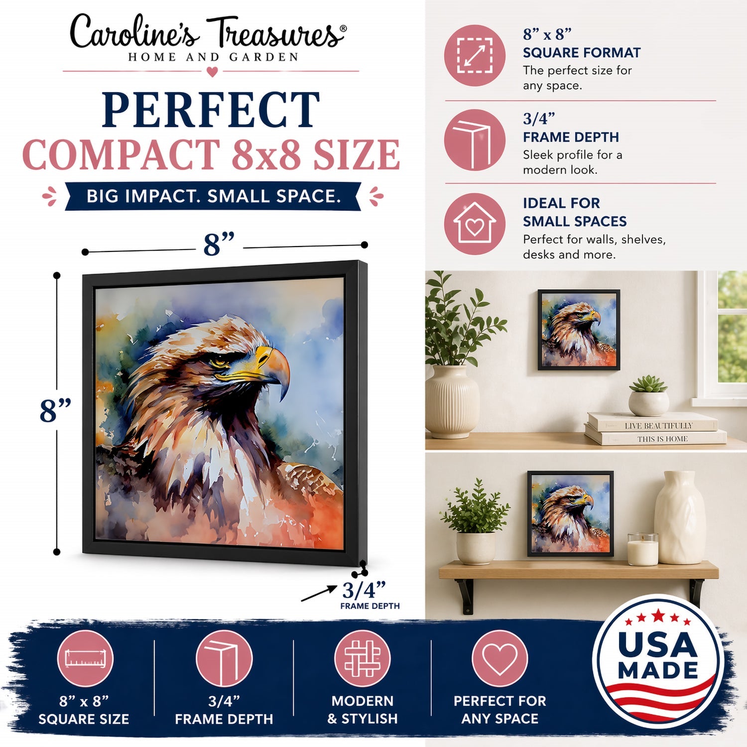 Bald Eagle Portrait Close Detail Framed Metal Print Bathroom, Kitchen, Office, Home Decor Wall Art Ready to Hang, Square, 8X8