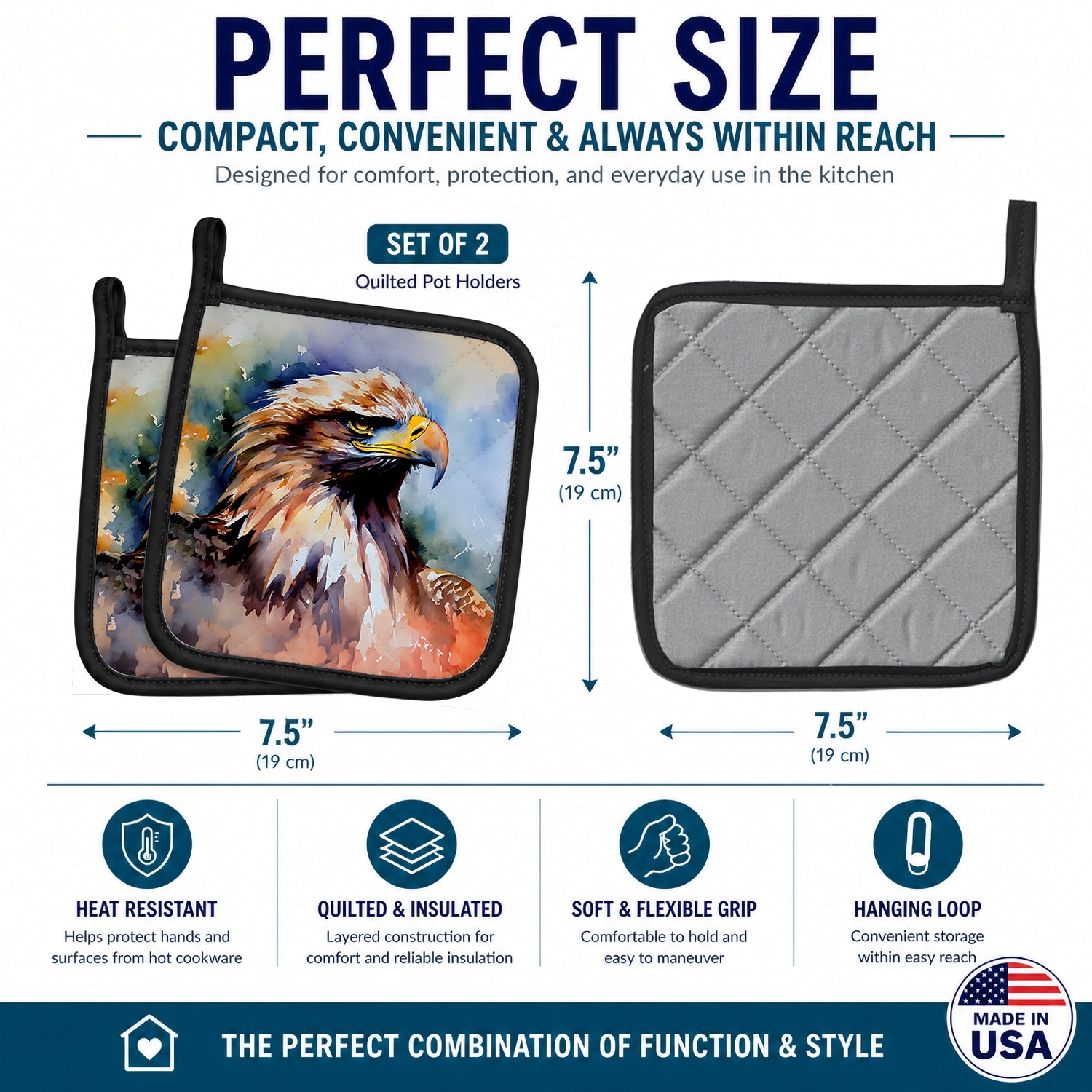 Bald Eagle Portrait Close Detail Pot Holder Set of 2 Heat Resistant Quilted Hot Pads 7.5 x 7.5 Inch, Insulated Kitchen Trivets for Cooking & Baking