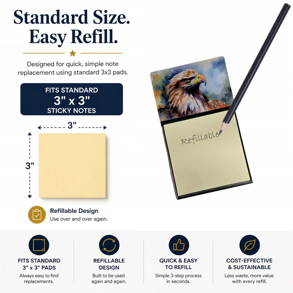 Bald Eagle Portrait Close Detail Watercolor Sticky Note Holder Refillable Dispenser Desk Accessory 3x3 Pad Gift