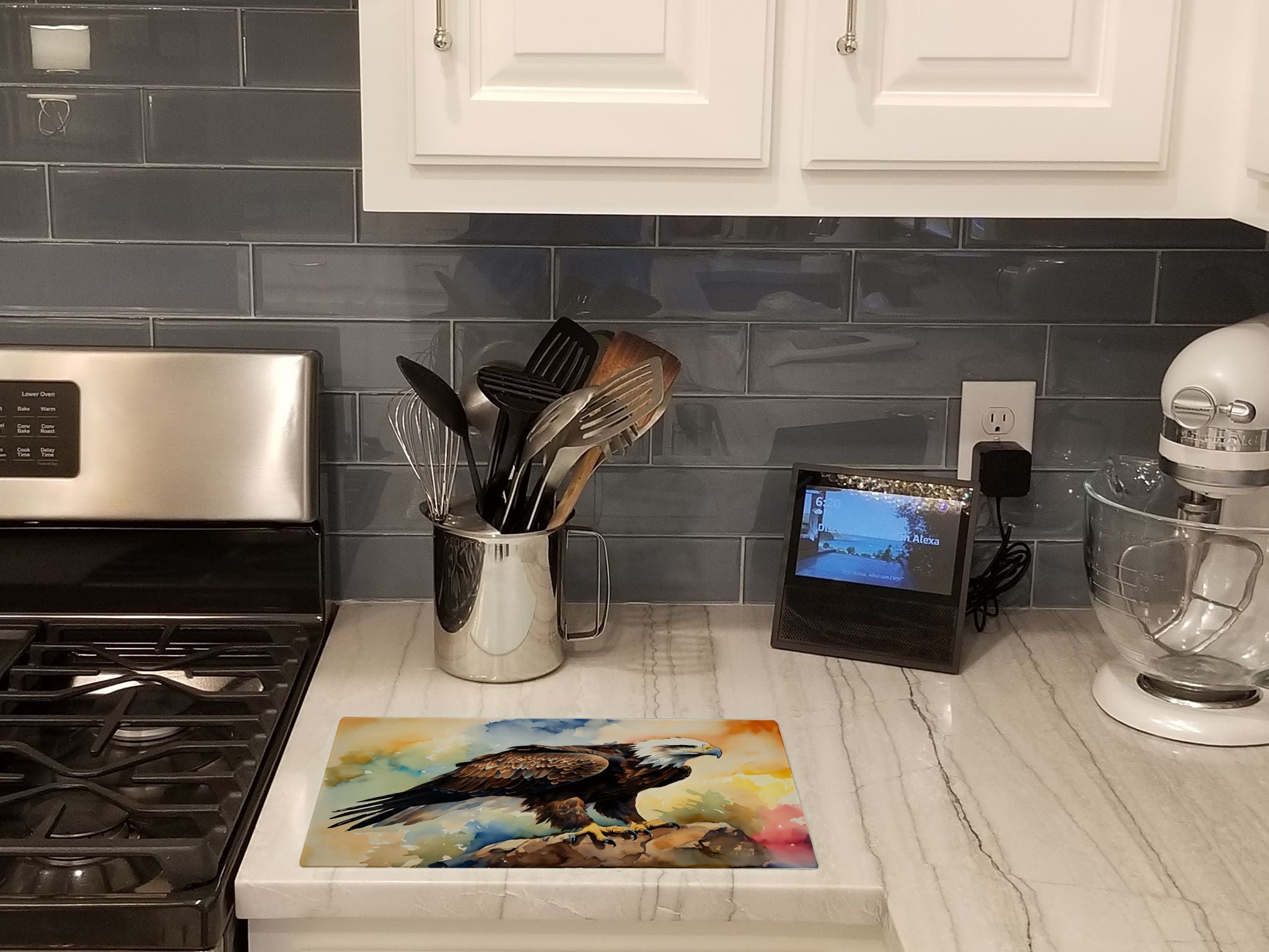 Bald Eagle Perched Rock Wildlife Cutting Board Tempered Glass Kitchen Cutting Surface, Heat Resistant Chopping, Non-Slip Feet, Food Prep & Serving