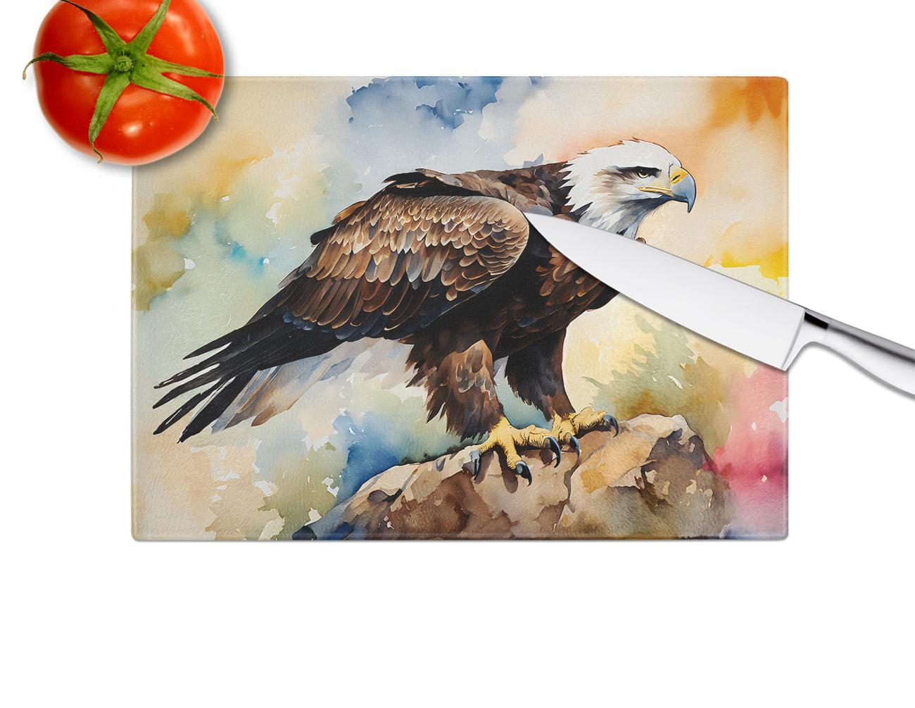 Bald Eagle Perched Rock Wildlife Cutting Board Tempered Glass Kitchen Cutting Surface, Heat Resistant Chopping, Non-Slip Feet, Food Prep & Serving