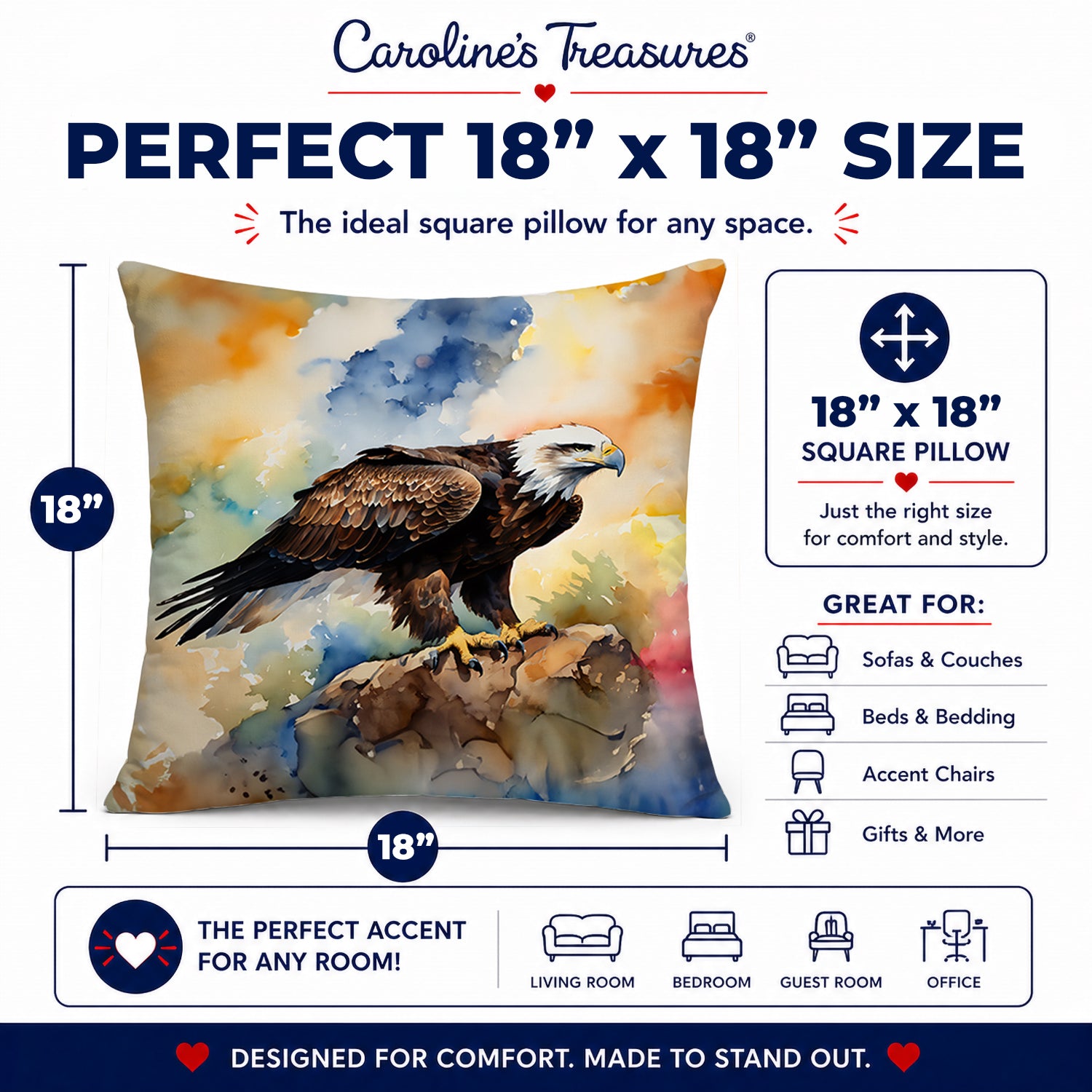 Bald Eagle Perched Rock Wildlife Decorative Throw Pillow 18x18 Indoor Outdoor Accent Cushion, Fabric Cover with Insert for Sofa, Bed, Porch & Living Room