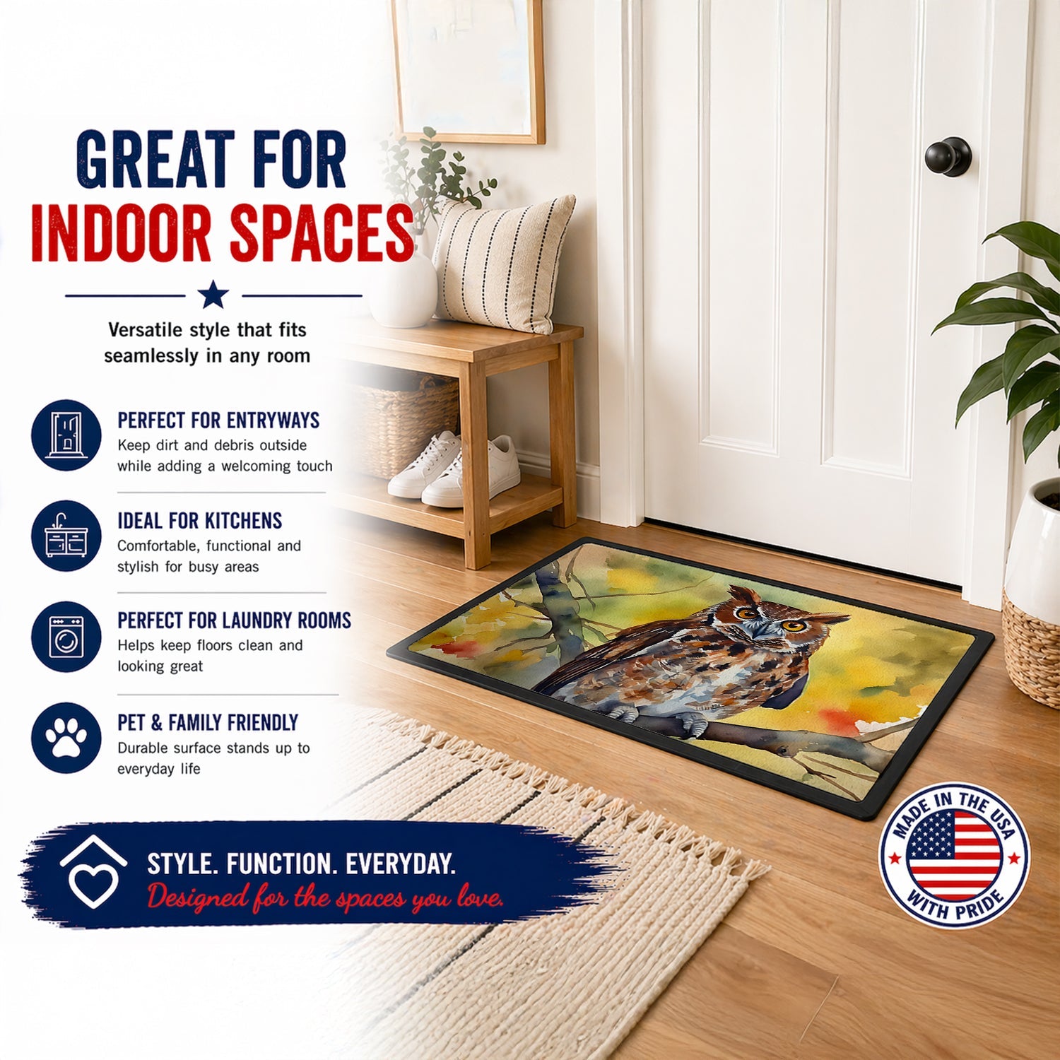 Eastern Screech Owl Wildlife Portrait Doormat Indoor Outdoor 18H X 27W Front Door Mat Rugs for Entryway, Non Slip Washable