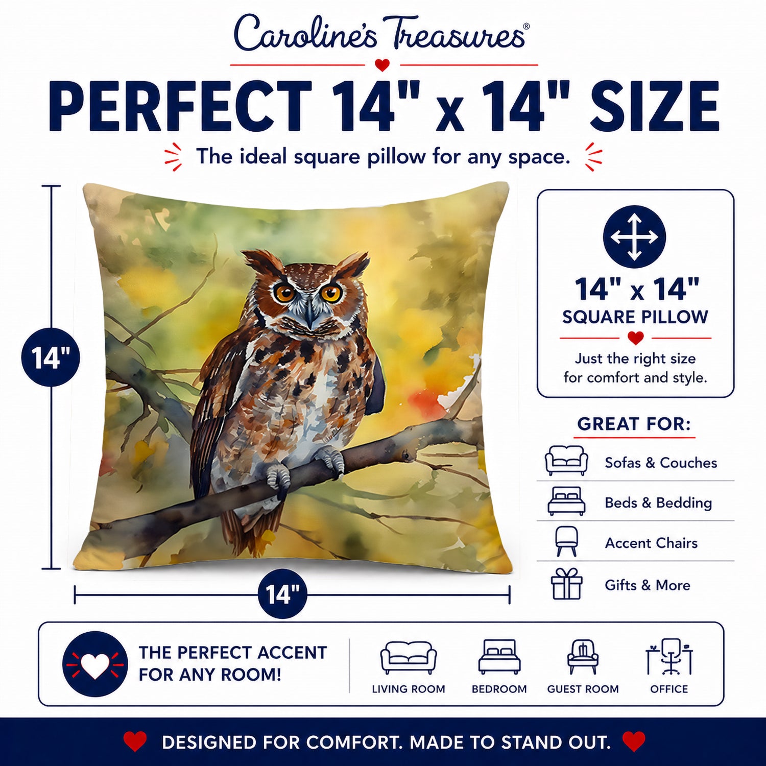 Eastern Screech Owl Wildlife Portrait Decorative Throw Pillow 14x14 Indoor Outdoor Accent Cushion, Fabric Cover with Insert for Sofa, Bed, Porch & Living Room