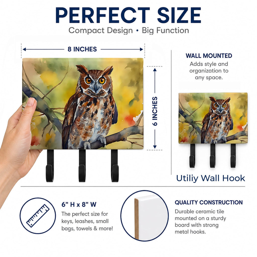 Eastern Screech Owl Wildlife Portrait Leash or Key Holder Wall Hooks, Coat Rack Wall Mount, for Hanging Keys, Towels, Aprons, Leashes