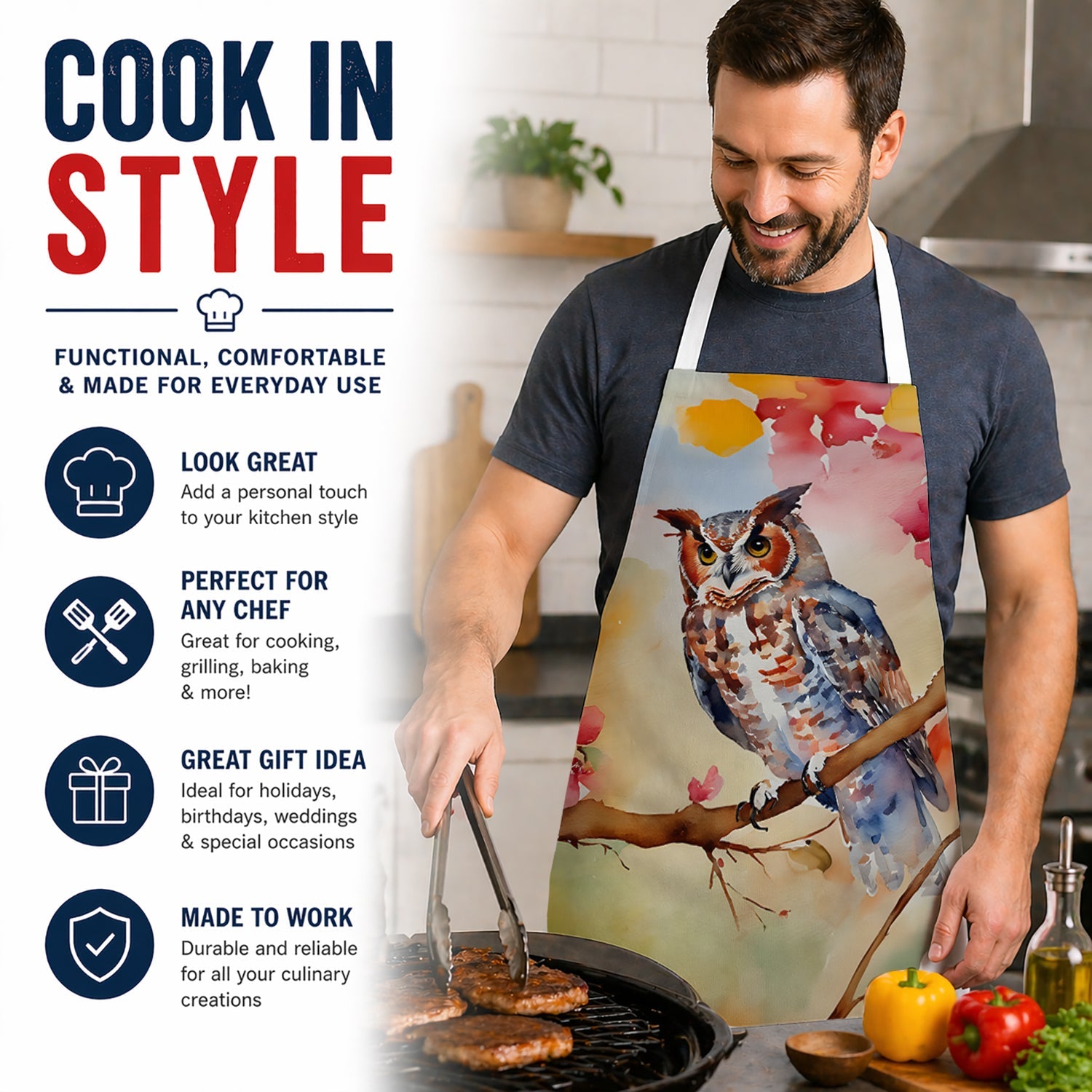 Eastern Screech Owl with Blossoms Apron Cooking Kitchen Server Baking Crafts Gardening for Adult Women Men, Unisex, Large, Multicolor