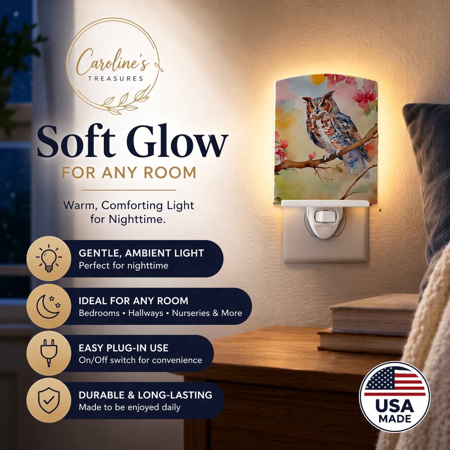 Eastern Screech Owl with Blossoms Ceramic Night Light Compact, UL-Certified, Ideal for Bedroom, Bathroom, Nursery, Hallway, Kitchen, 6x4x3, Multicolor