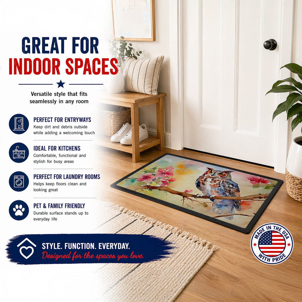 Eastern Screech Owl with Blossoms Doormat Indoor Outdoor 24H X 36W Front Door Mat Rugs for Entryway, Non Slip Washable Low Pile,