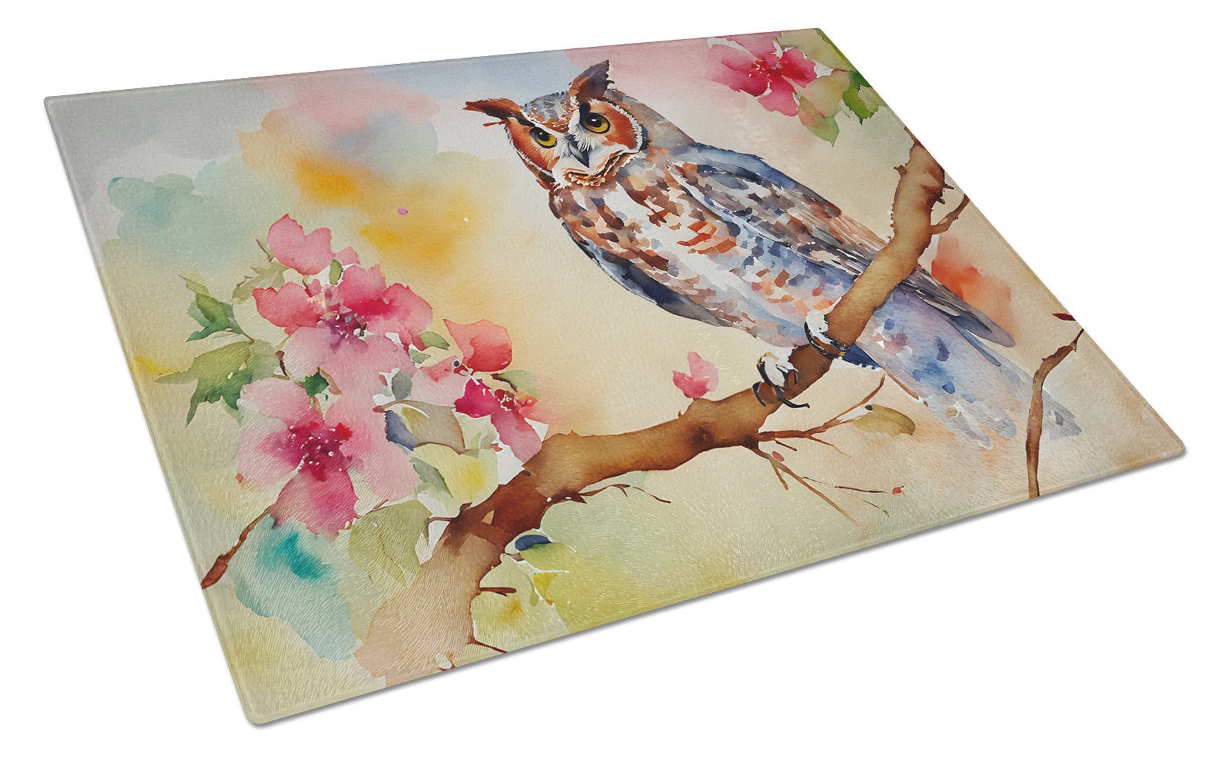 Eastern Screech Owl with Blossoms Cutting Board Tempered Glass Kitchen Cutting Surface, Heat Resistant Chopping, Non-Slip Feet, Food Prep & Serving