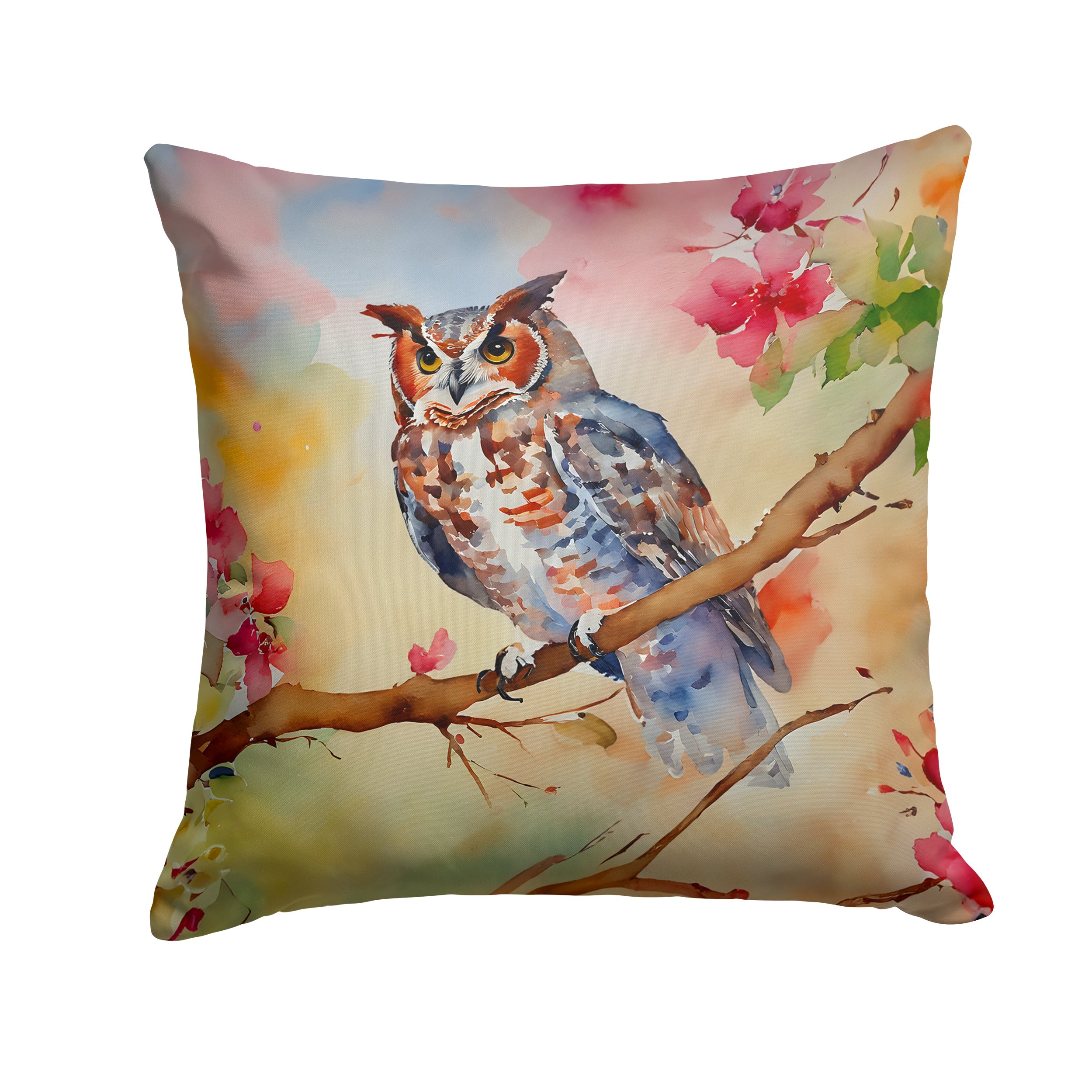 Eastern Screech Owl with Blossoms Decorative Throw Pillow 18x18 Indoor Outdoor Accent Cushion, Fabric Cover with Insert for Sofa, Bed, Porch & Living Room