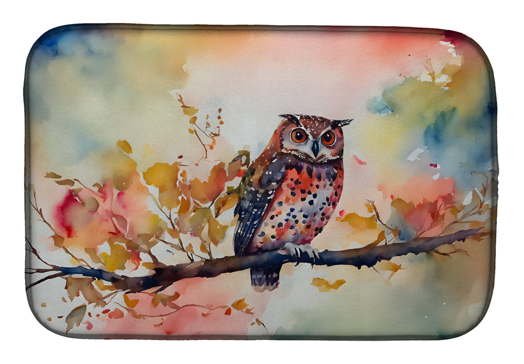 Elf Owl on Blossom Branch Dish Drying Mat Absorbent Dish Drying Mat Pad for Kitchen Counter Dish Drainer Mat for Countertop, 14 x 21", Multicolor