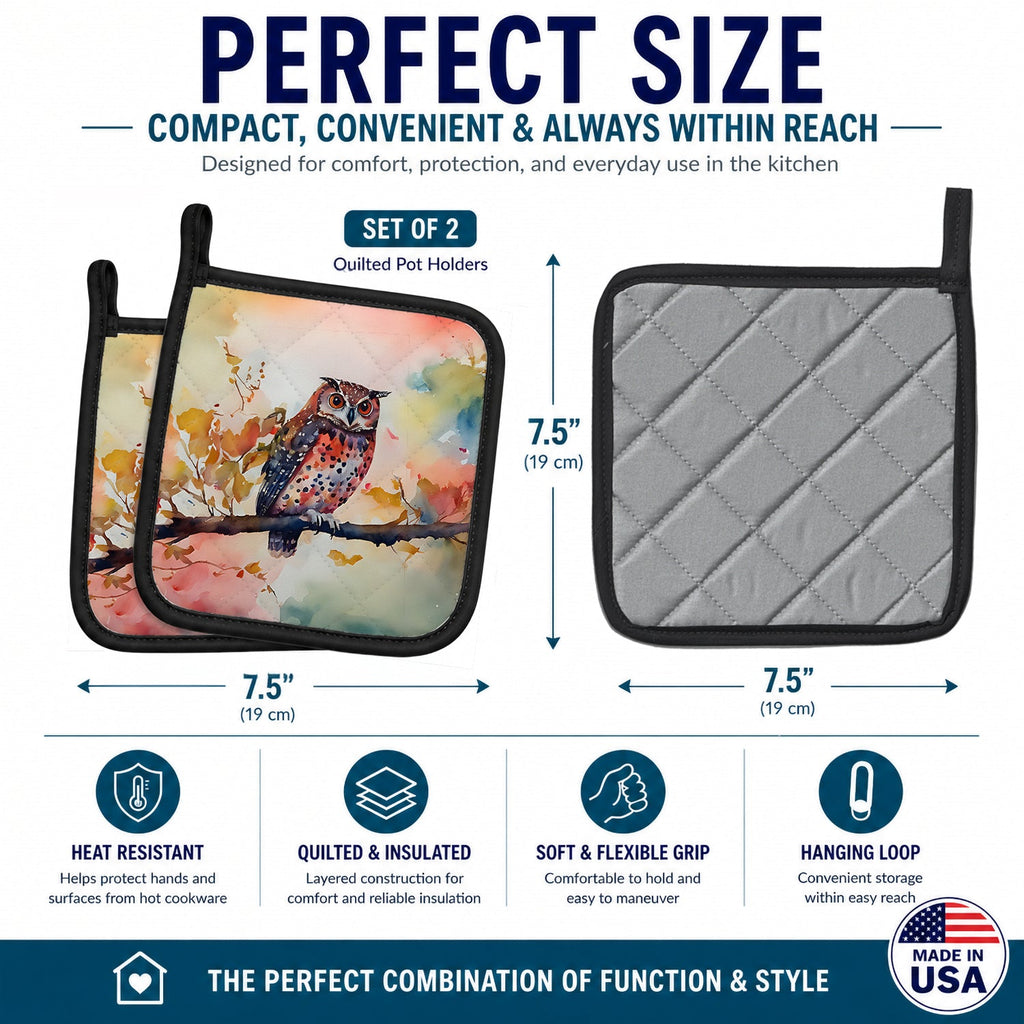 Elf Owl on Blossom Branch Pot Holder Set of 2 Heat Resistant Quilted Hot Pads 7.5 x 7.5 Inch, Insulated Kitchen Trivets for Cooking & Baking