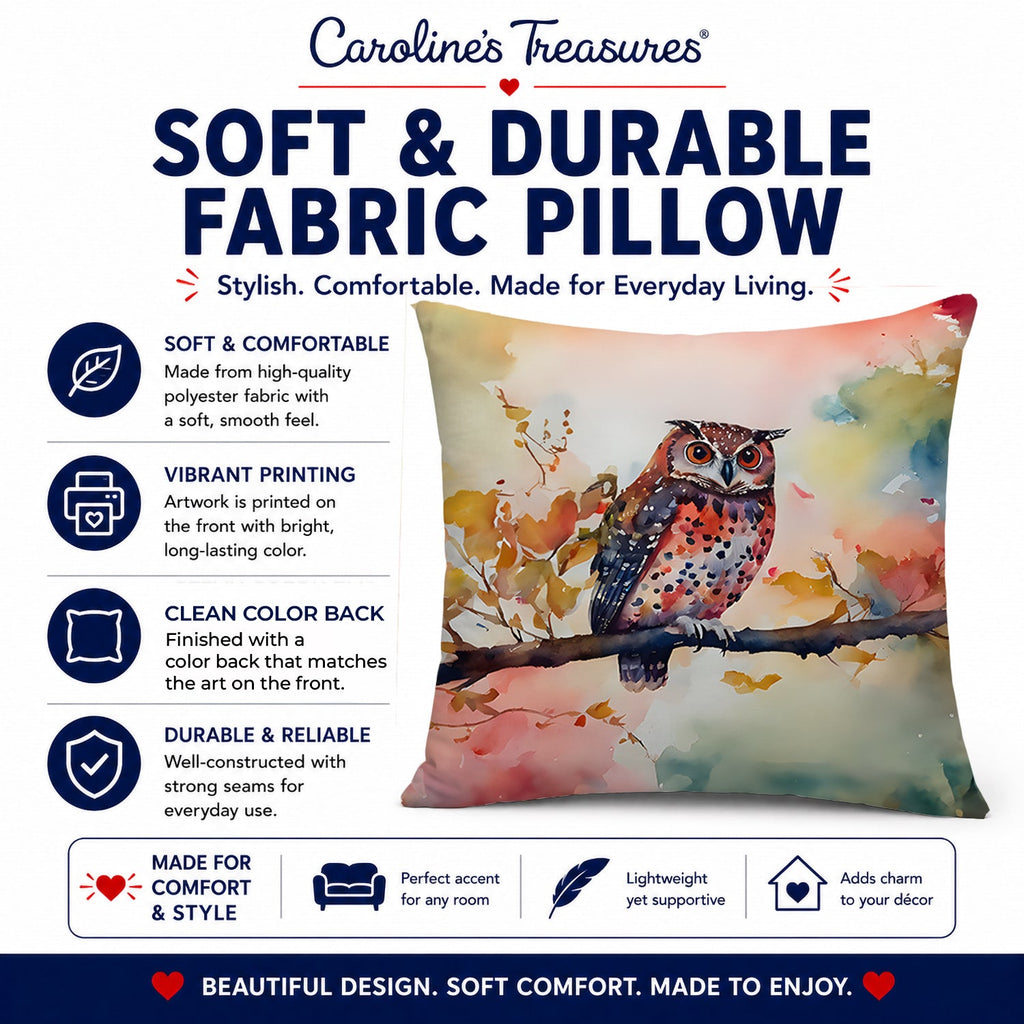 Elf Owl on Blossom Branch Decorative Throw Pillow 14x14 Indoor Outdoor Accent Cushion, Fabric Cover with Insert for Sofa, Bed, Porch & Living Room
