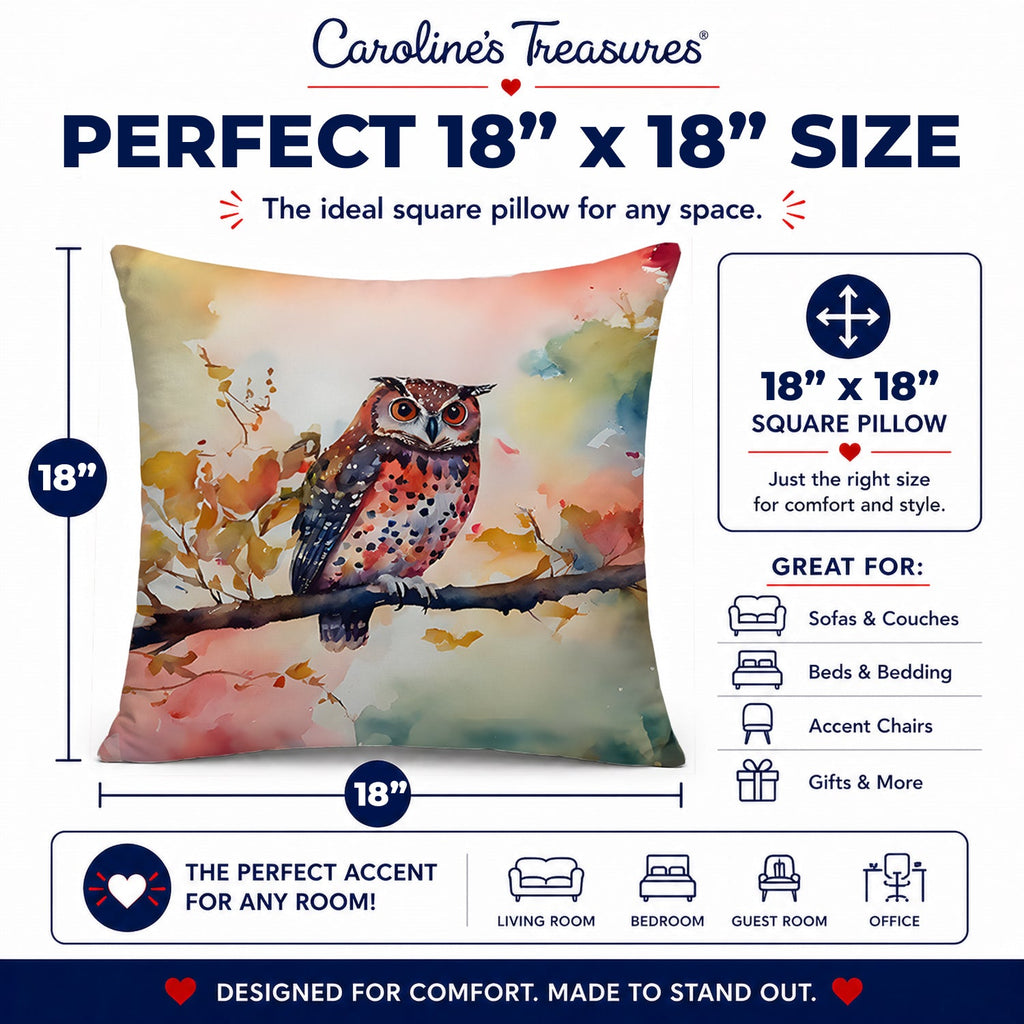 Elf Owl on Blossom Branch Decorative Throw Pillow 18x18 Indoor Outdoor Accent Cushion, Fabric Cover with Insert for Sofa, Bed, Porch & Living Room