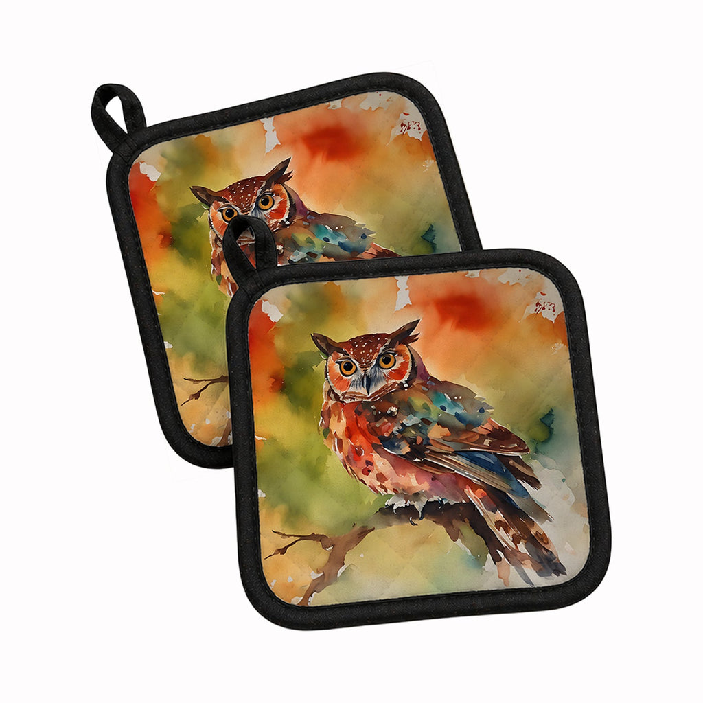 Elf Owl Perched Branch Pot Holder Set of 2 Heat Resistant Quilted Hot Pads 7.5 x 7.5 Inch, Insulated Kitchen Trivets for Cooking & Baking