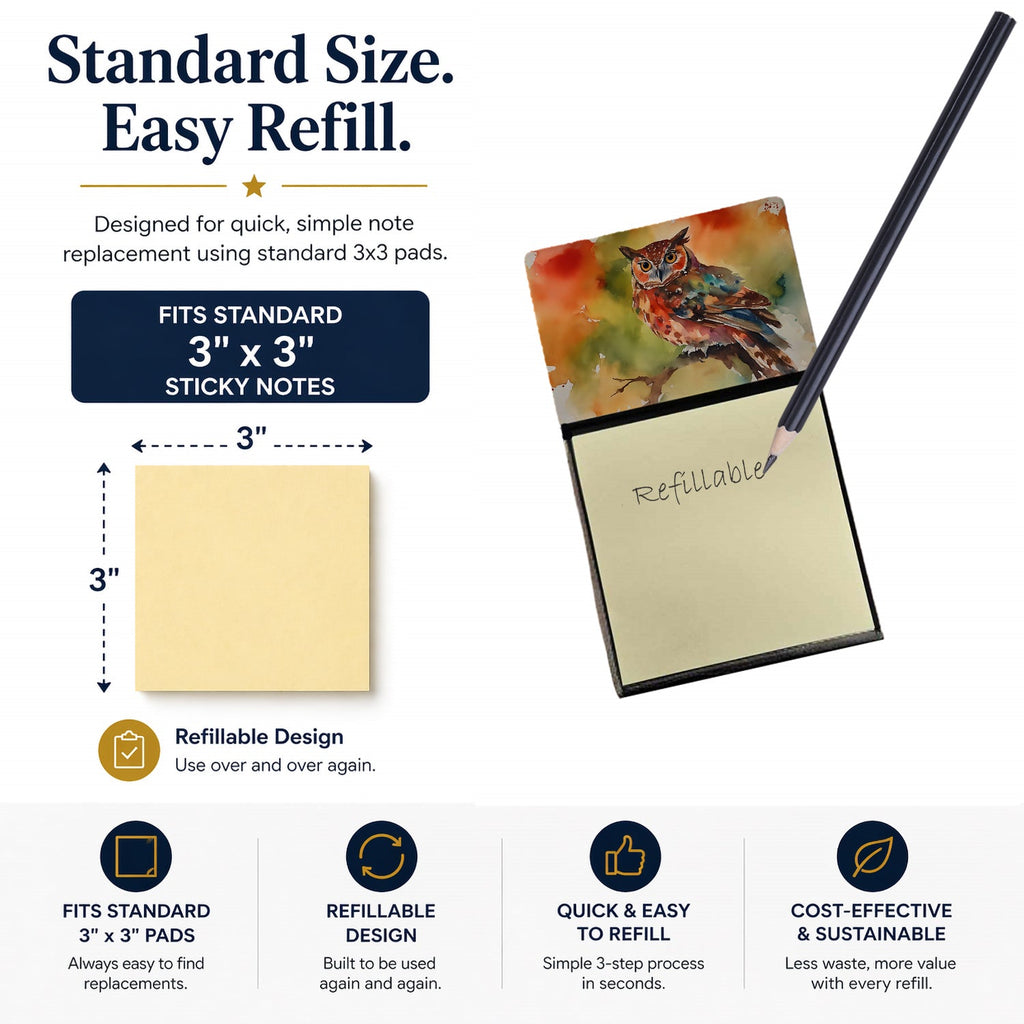Elf Owl Perched Branch Watercolor Sticky Note Holder Refillable Dispenser Desk Accessory 3x3 Pad Gift