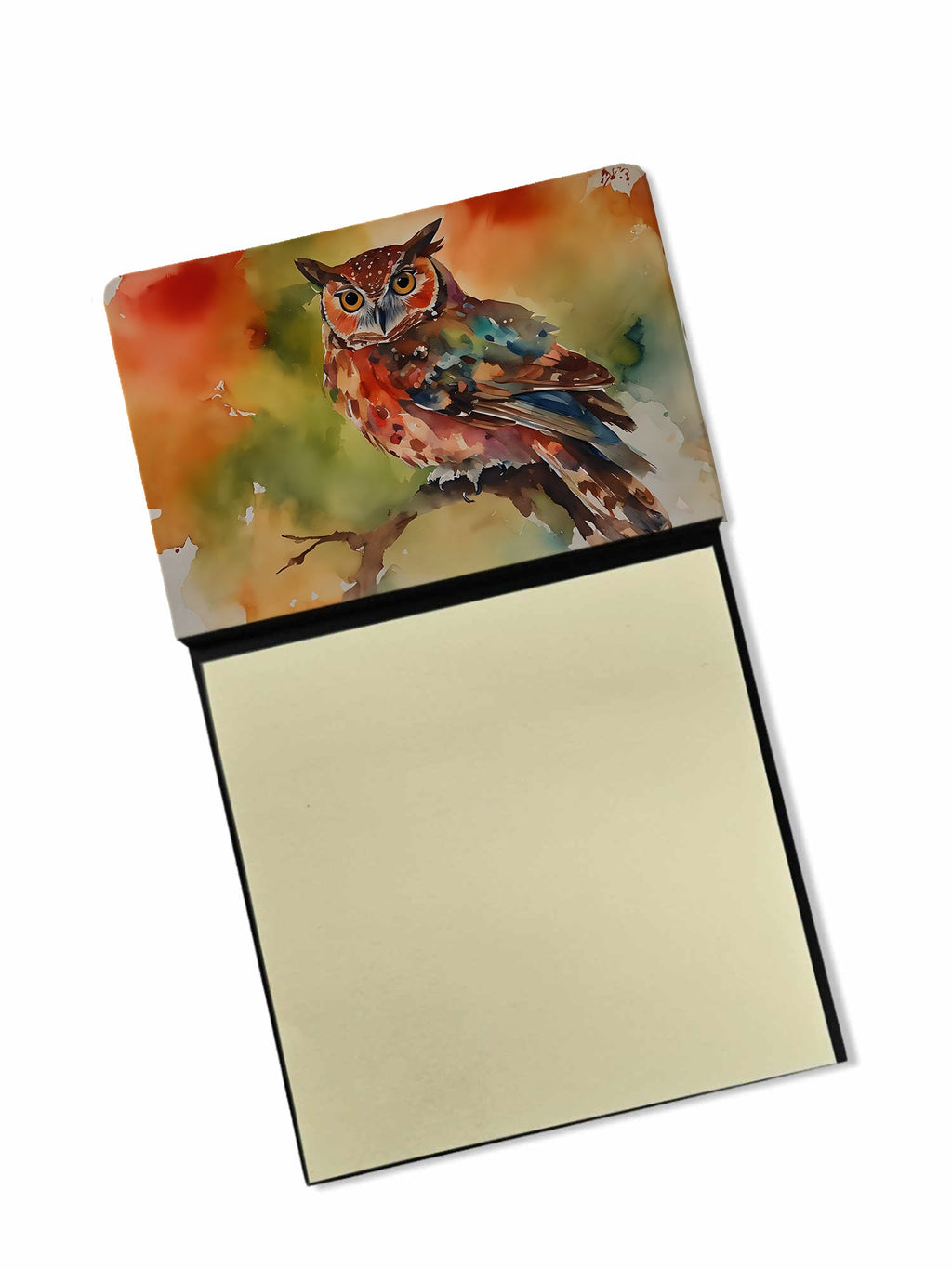 Elf Owl Perched Branch Watercolor Sticky Note Holder Refillable Dispenser Desk Accessory 3x3 Pad Gift