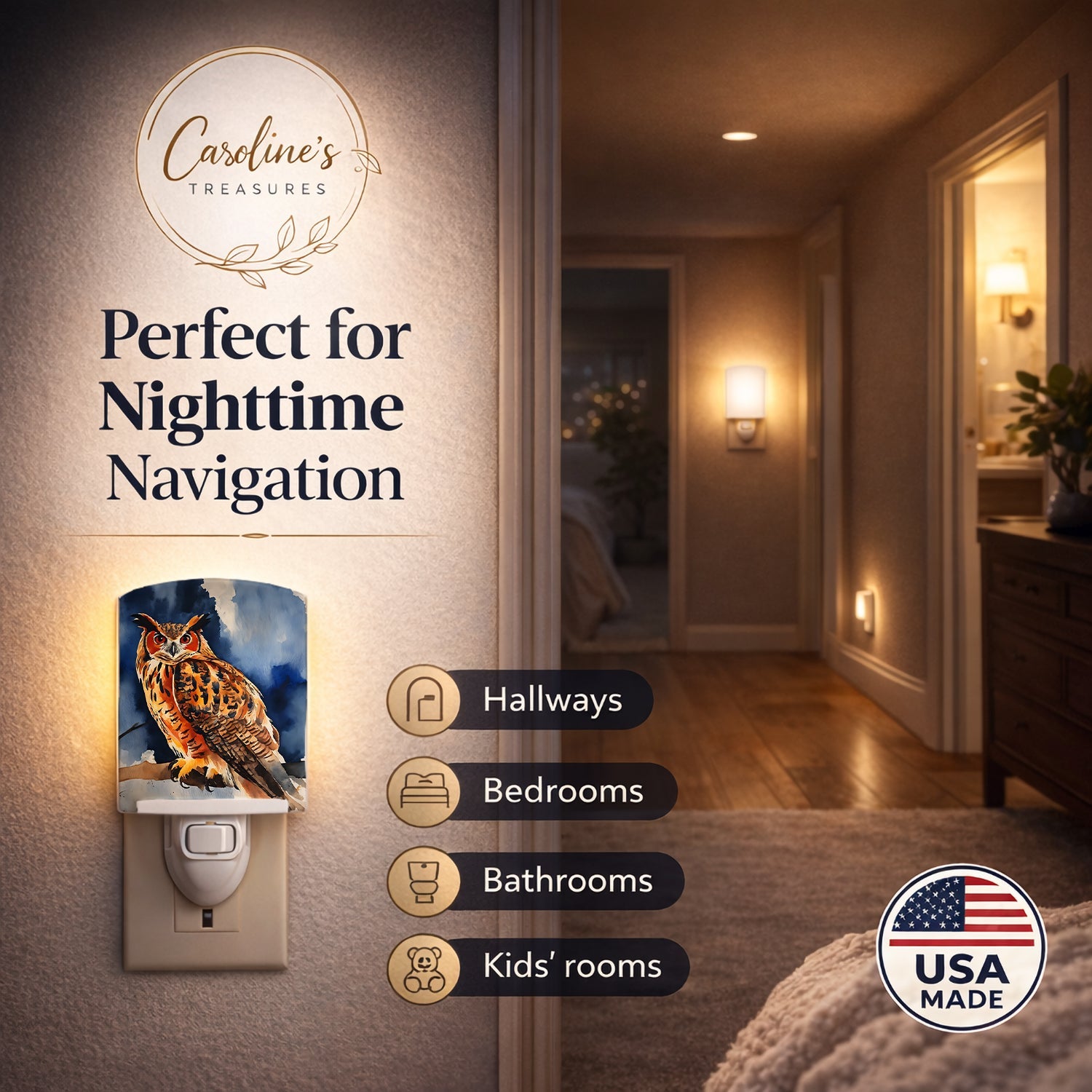 Eurasian Eagle Owl Perched Branch Ceramic Night Light Compact, UL-Certified, Ideal for Bedroom, Bathroom, Nursery, Hallway, Kitchen, 6x4x3, Multicolor