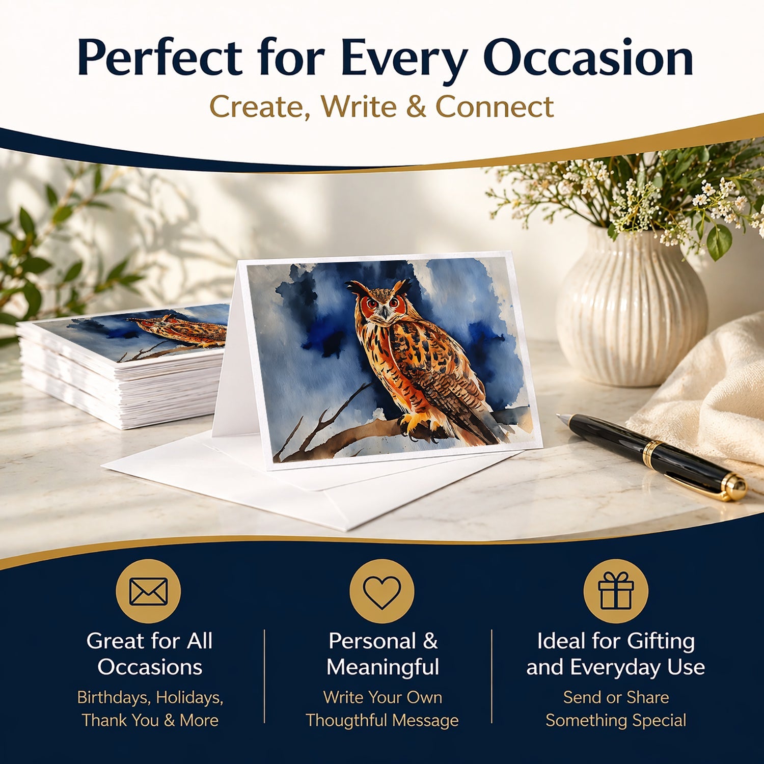 Eurasian Eagle Owl Perched Branch Greeting Cards Pack of 8 Blank Cards with Envelopes Whimsical A7 Size 5x7