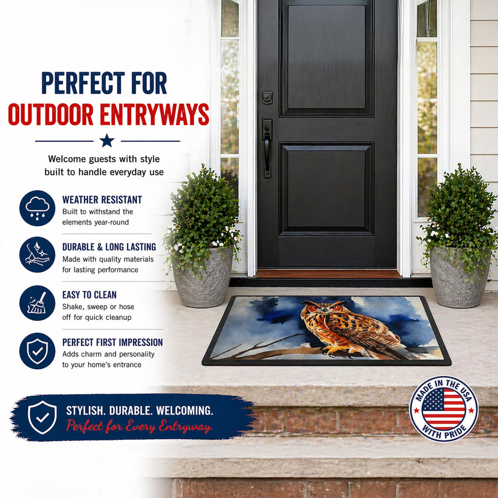 Eurasian Eagle Owl Perched Branch Doormat Indoor Outdoor 24H X 36W Front Door Mat Rugs for Entryway, Non Slip Washable Low Pile,