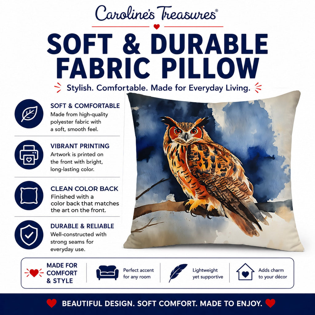 Eurasian Eagle Owl Perched Branch Decorative Throw Pillow 14x14 Indoor Outdoor Accent Cushion, Fabric Cover with Insert for Sofa, Bed, Porch & Living Room