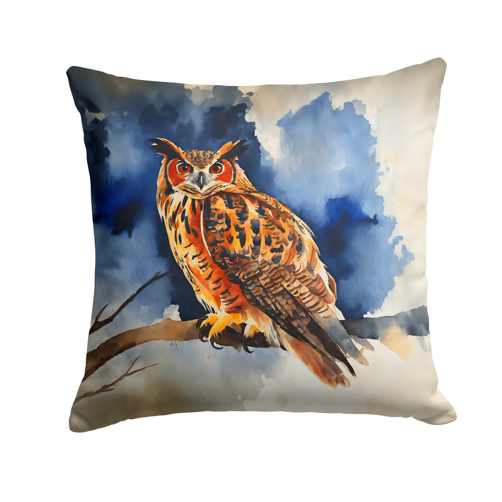 Eurasian Eagle Owl Perched Branch Decorative Throw Pillow 14x14 Indoor Outdoor Accent Cushion, Fabric Cover with Insert for Sofa, Bed, Porch & Living Room