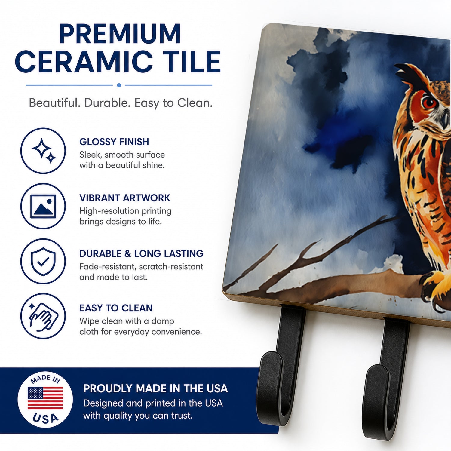 Eurasian Eagle Owl Perched Branch Leash or Key Holder Wall Hooks, Coat Rack Wall Mount, for Hanging Keys, Towels, Aprons, Leashes