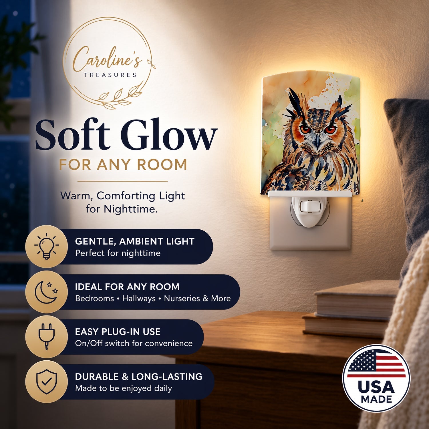 Eurasian Eagle Owl Close-Up Portrait Ceramic Night Light Compact, UL-Certified, Ideal for Bedroom, Bathroom, Nursery, Hallway, Kitchen, 6x4x3, Multicolor