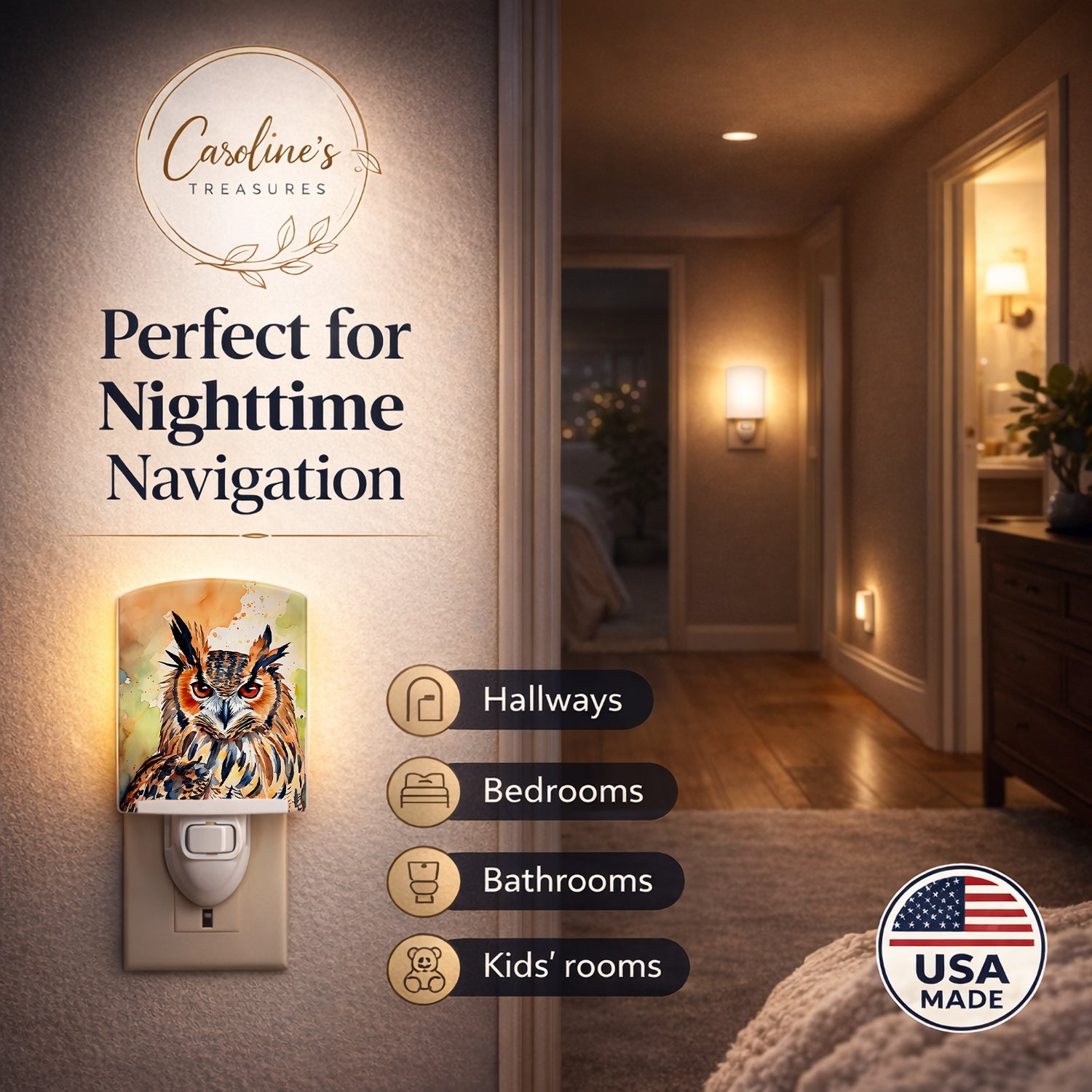 Eurasian Eagle Owl Close-Up Portrait Ceramic Night Light Compact, UL-Certified, Ideal for Bedroom, Bathroom, Nursery, Hallway, Kitchen, 6x4x3, Multicolor