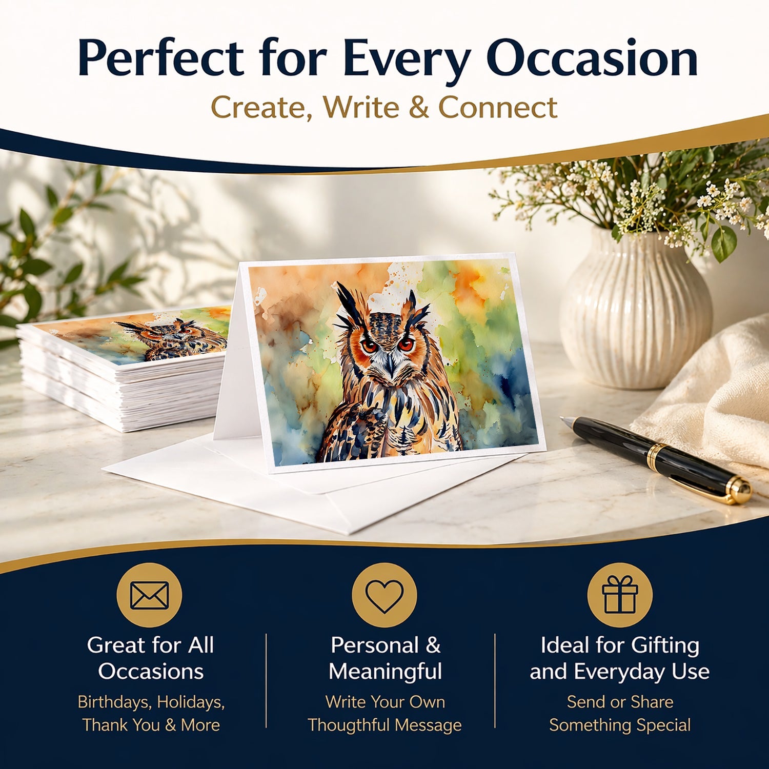 Eurasian Eagle Owl Close-Up Portrait Greeting Cards Pack of 8 Blank Cards with Envelopes Whimsical A7 Size 5x7